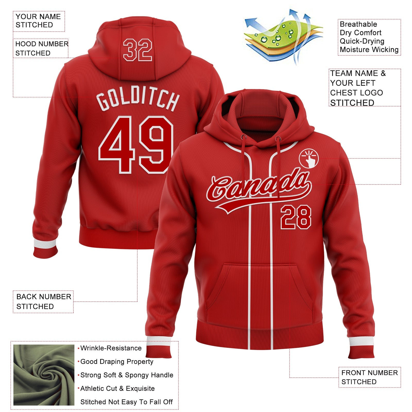 Custom Stitched Red White Baseball Pullover Sweatshirt Hoodie view 2