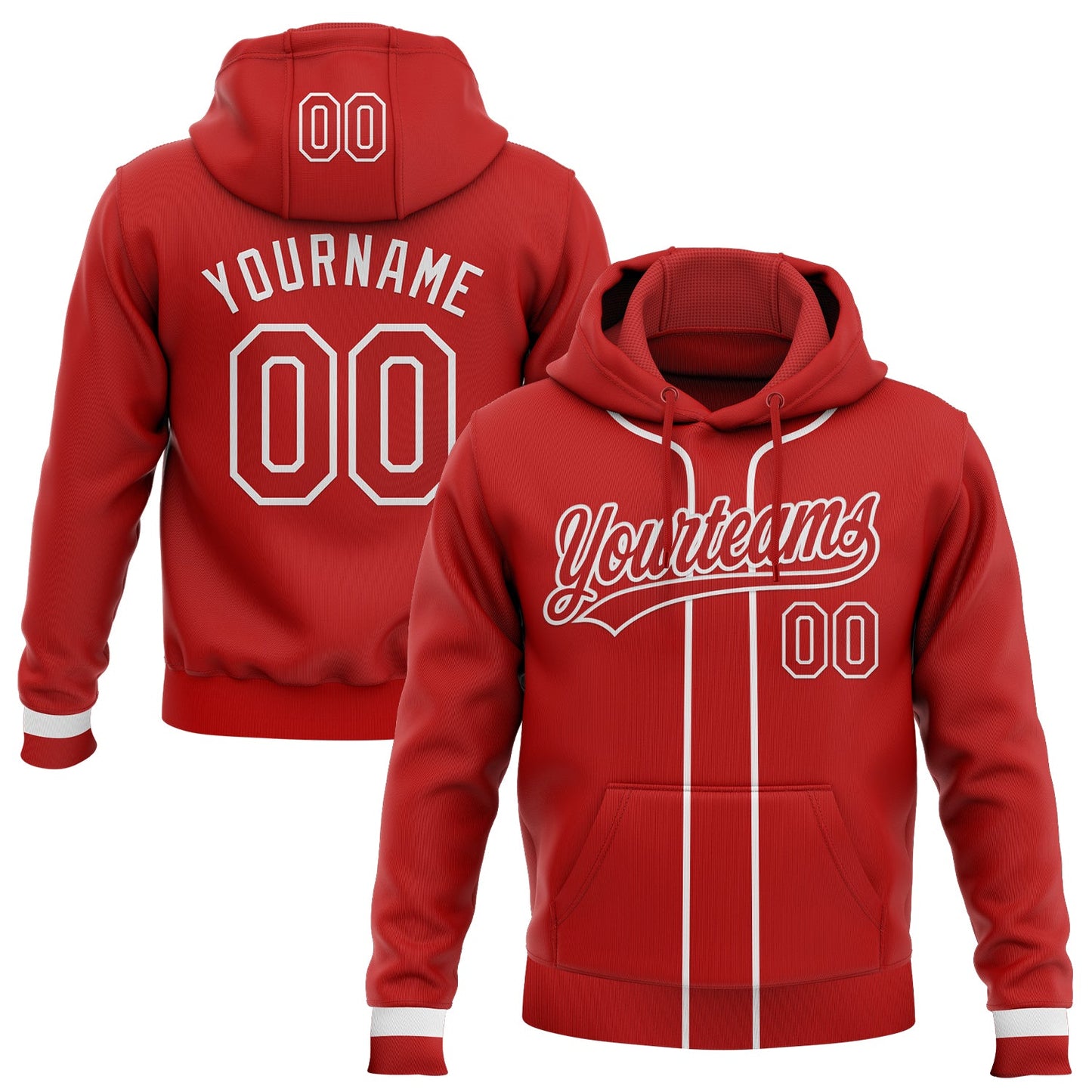 Custom Stitched Red White Baseball Pullover Sweatshirt Hoodie - Main View