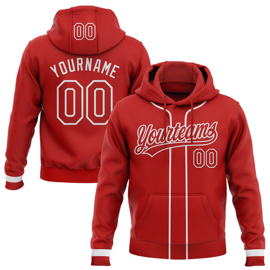 Custom Stitched Red White Baseball Pullover Sweatshirt Hoodie - Main View