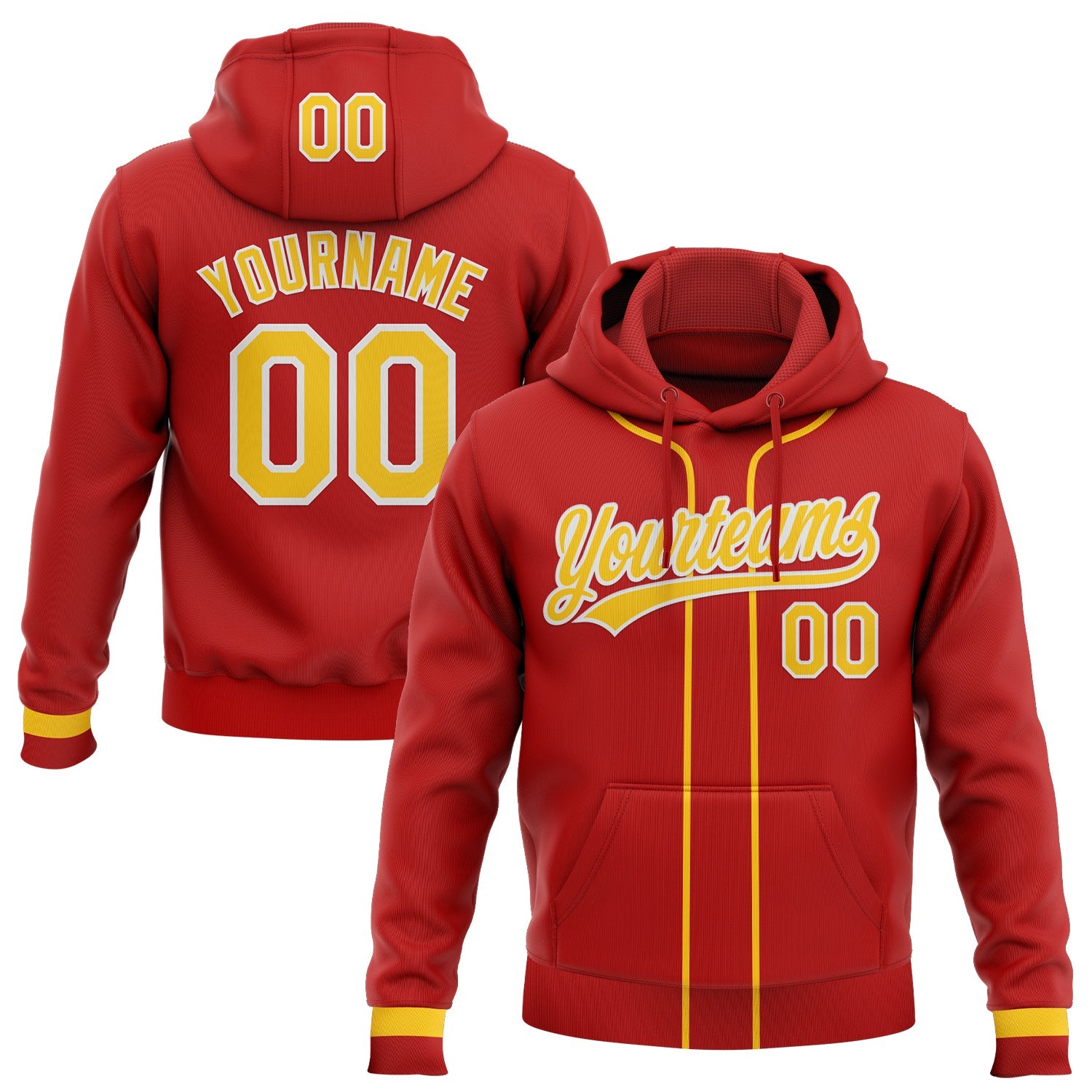 Custom Stitched Red Yellow-White Baseball Pullover Sweatshirt Hoodie - Main View