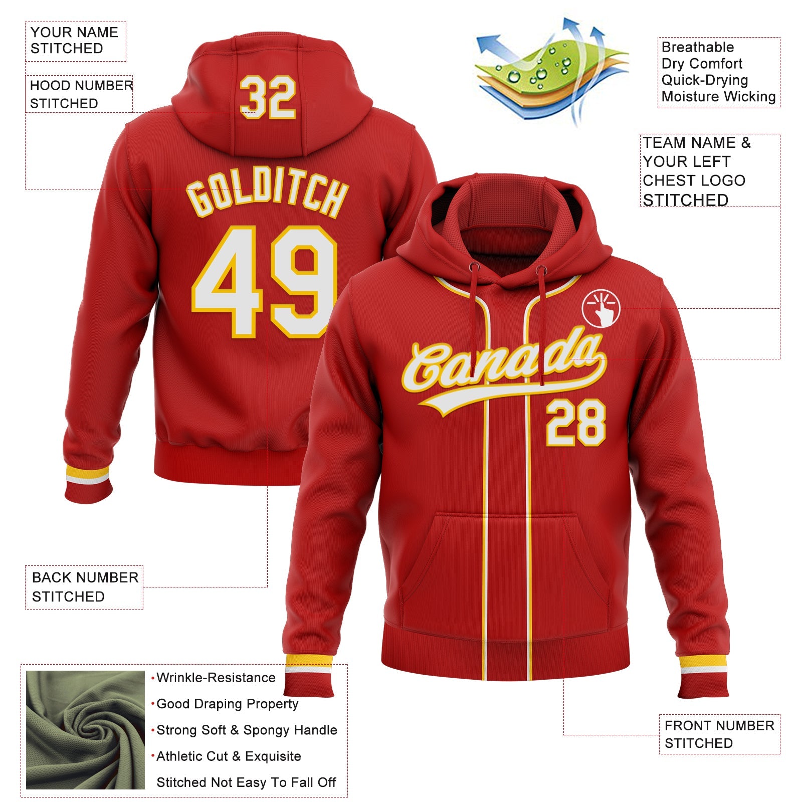 Custom Stitched Red White-Yellow Baseball Pullover Sweatshirt Hoodie view 2