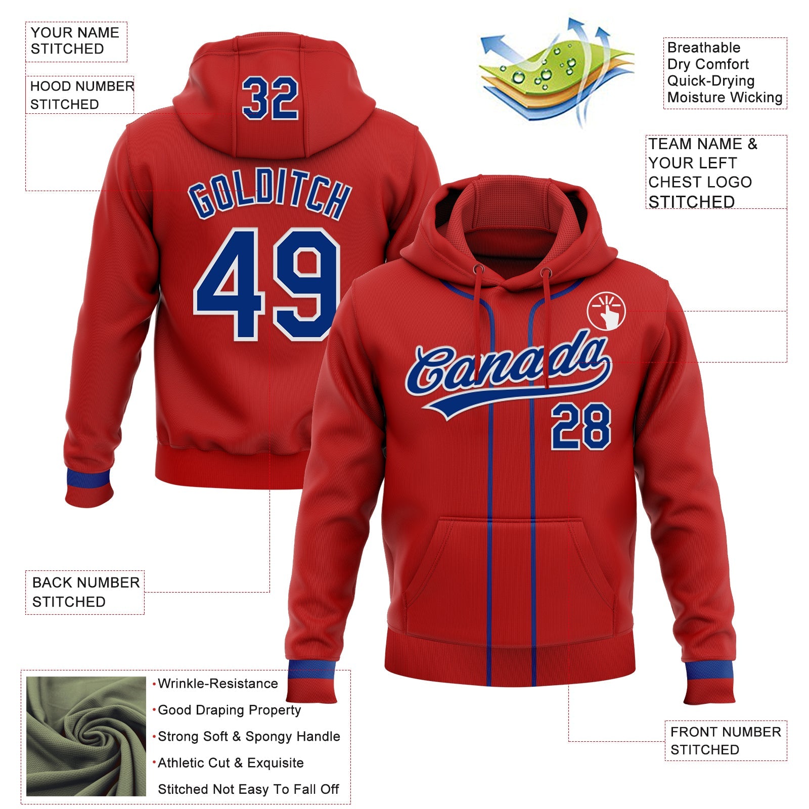 Custom Stitched Red Royal-White Baseball Pullover Sweatshirt Hoodie view 2