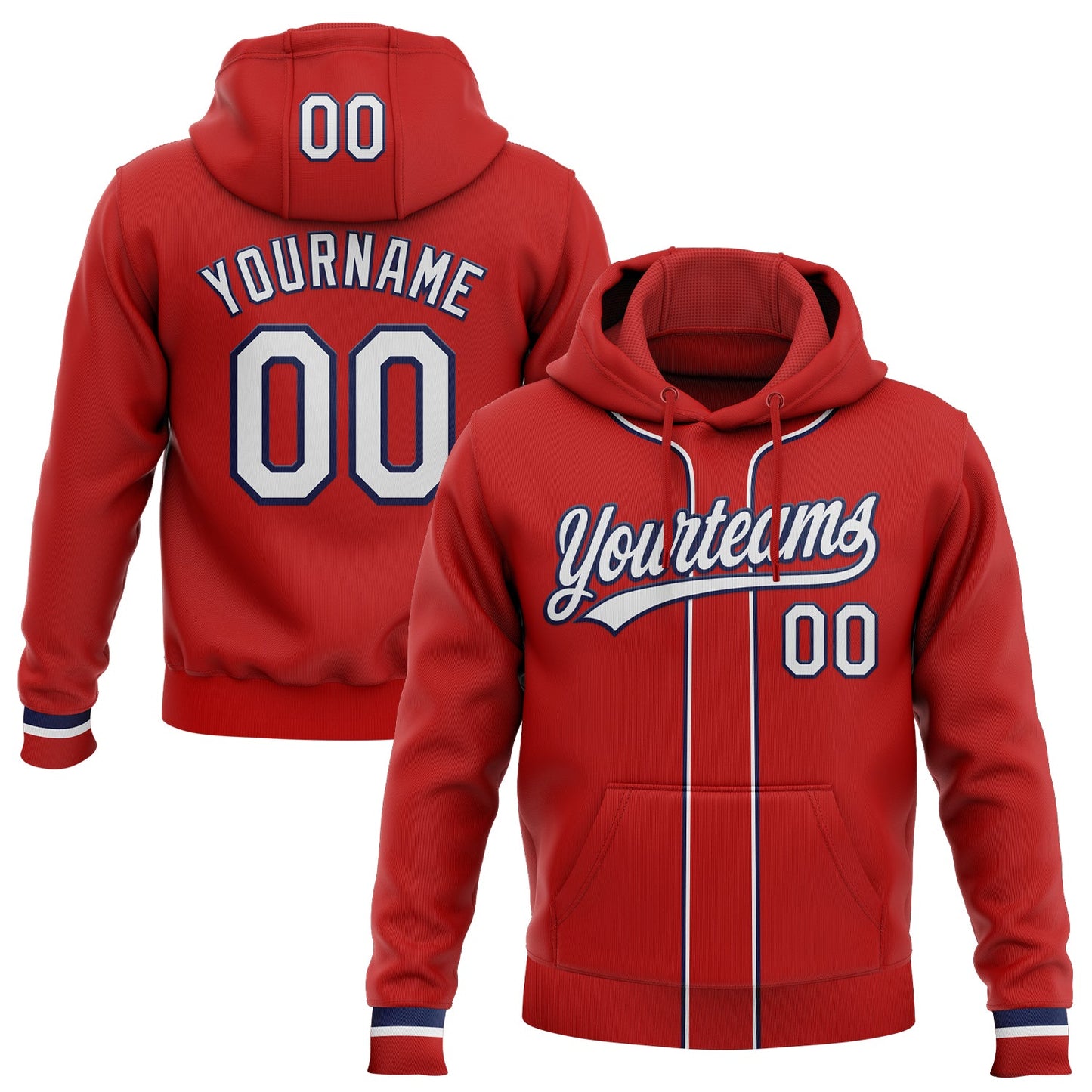 Custom Stitched Red White-Navy Baseball Pullover Sweatshirt Hoodie - Main View
