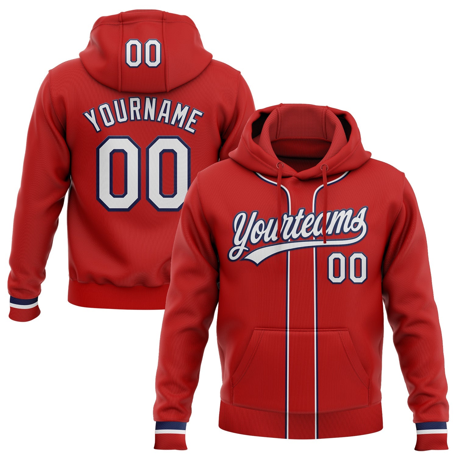 Custom Stitched Red White-Navy Baseball Pullover Sweatshirt Hoodie - Main View