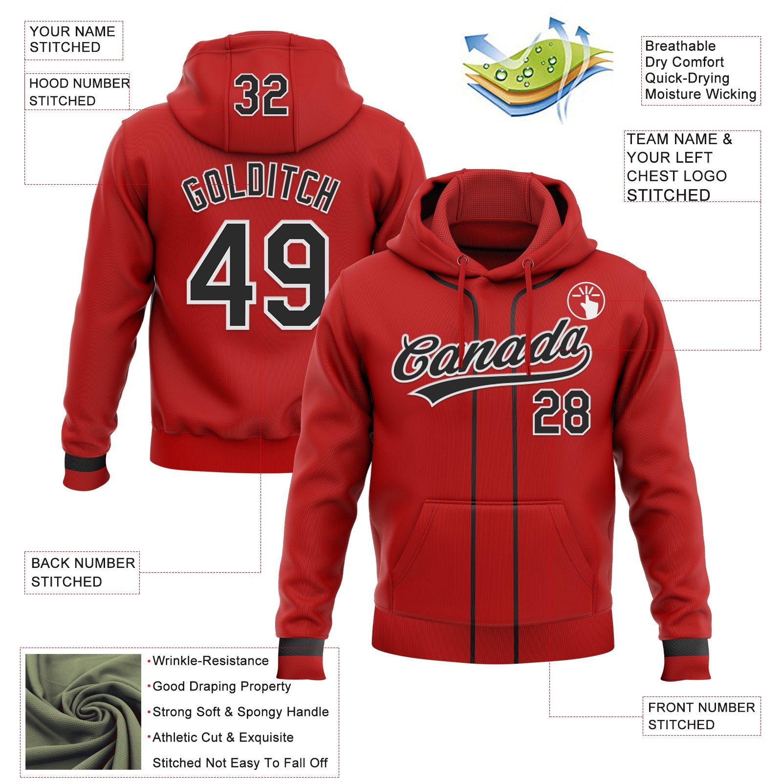 Custom Stitched Red Black-White Baseball Pullover Sweatshirt Hoodie view 2