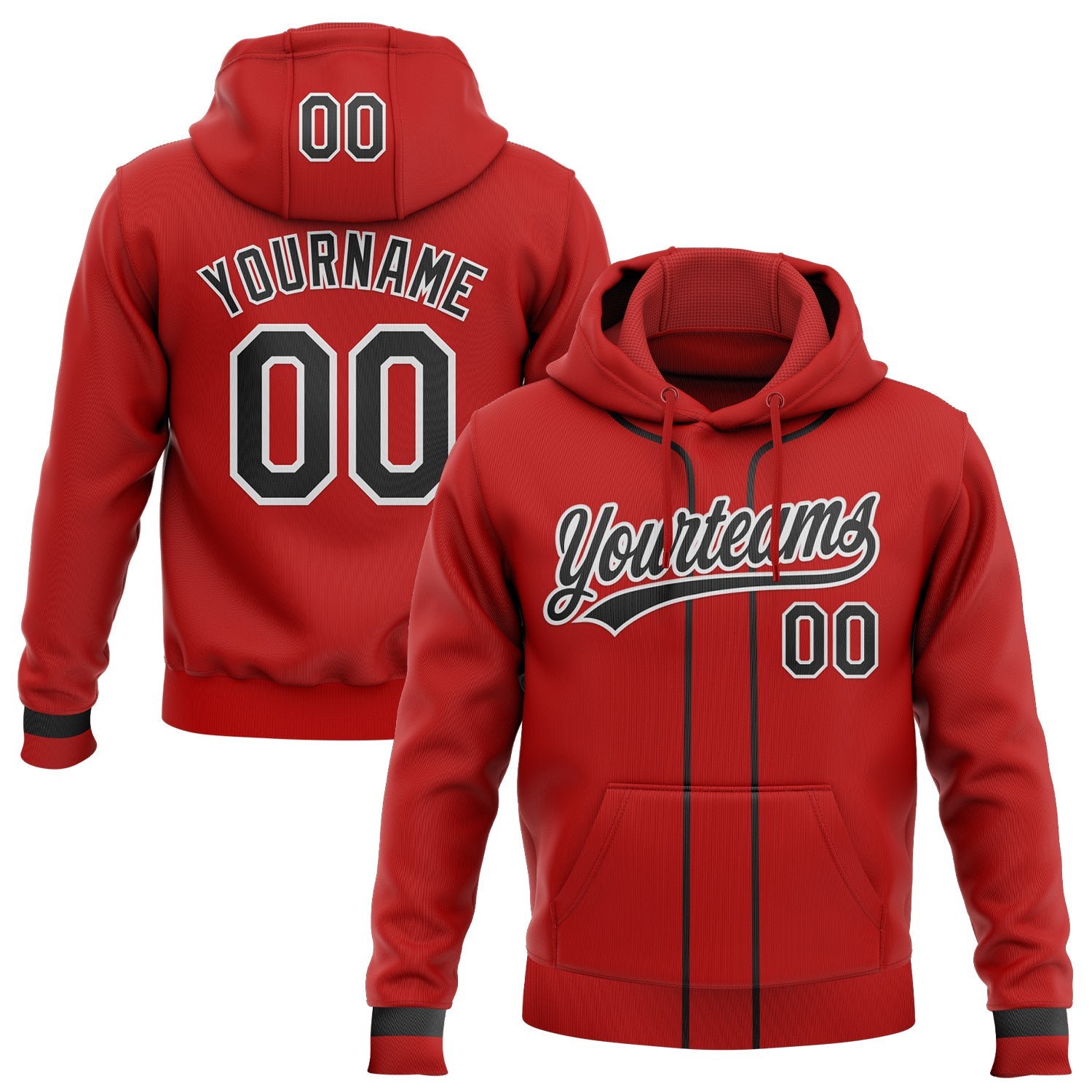 Custom Stitched Red Black-White Baseball Pullover Sweatshirt Hoodie - Main View