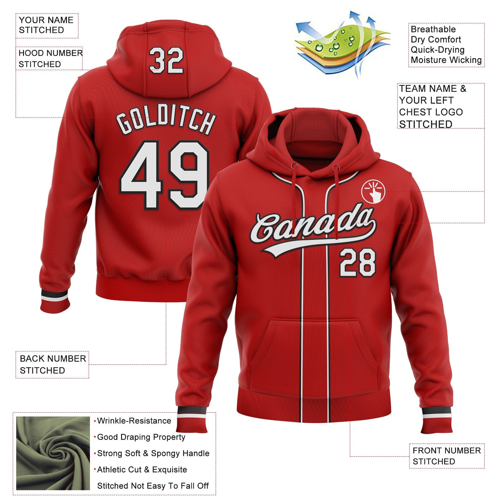 Custom Stitched Red White-Black Baseball Pullover Sweatshirt Hoodie view 2