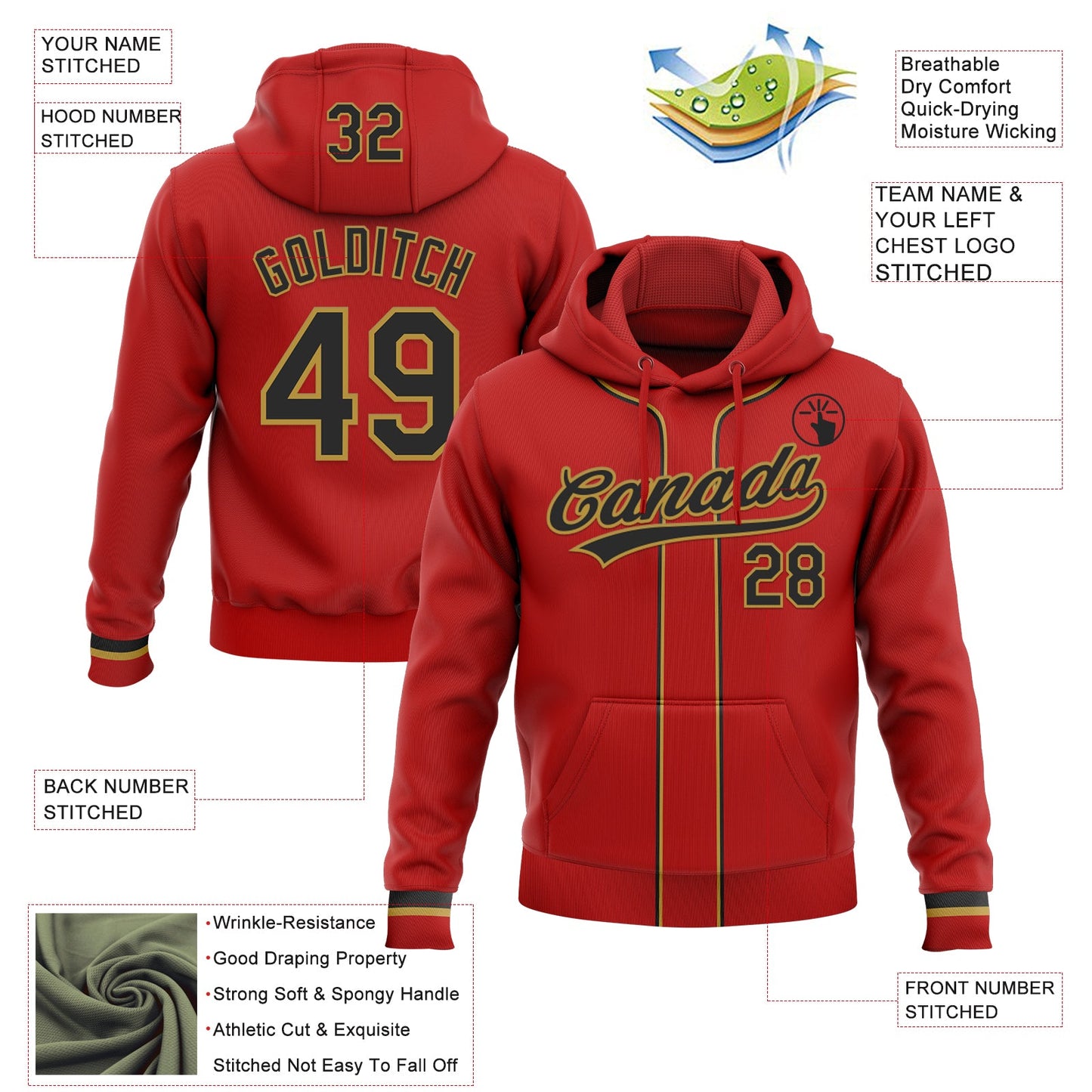 Custom Stitched Red Black-Old Gold Baseball Pullover Sweatshirt Hoodie view 2