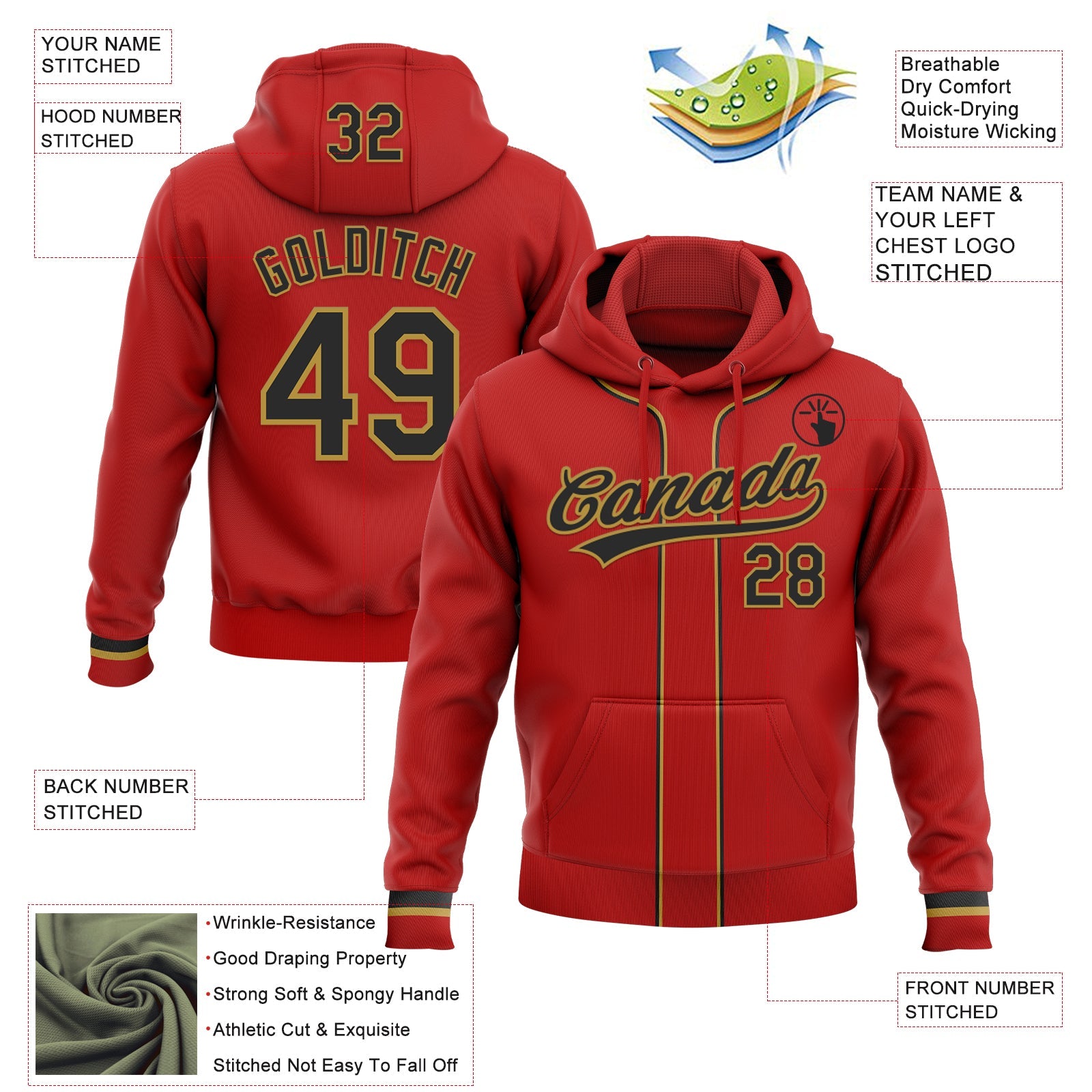 Custom Stitched Red Black-Old Gold Baseball Pullover Sweatshirt Hoodie view 2