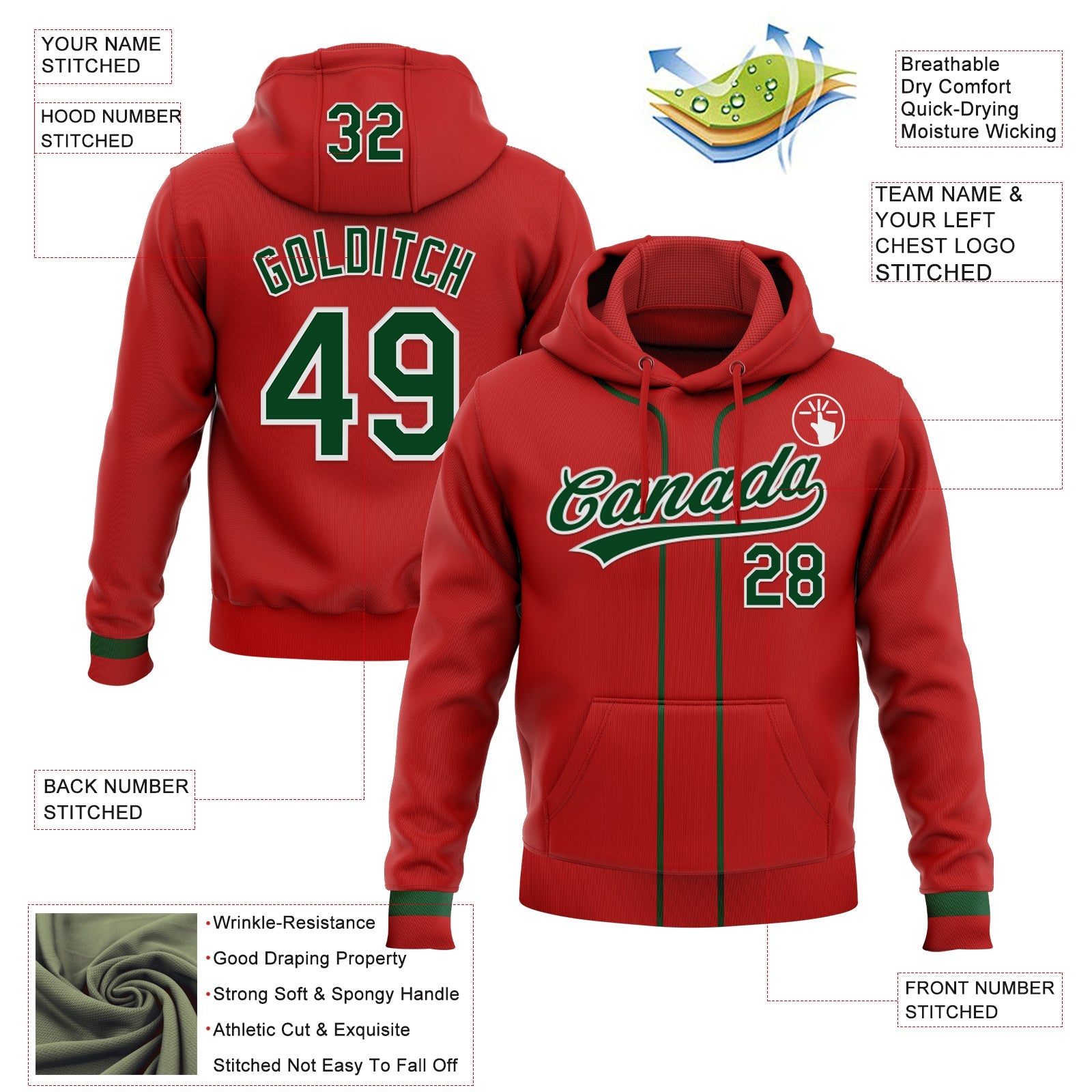 Custom Stitched Red Green-White Baseball Pullover Sweatshirt Hoodie view 2