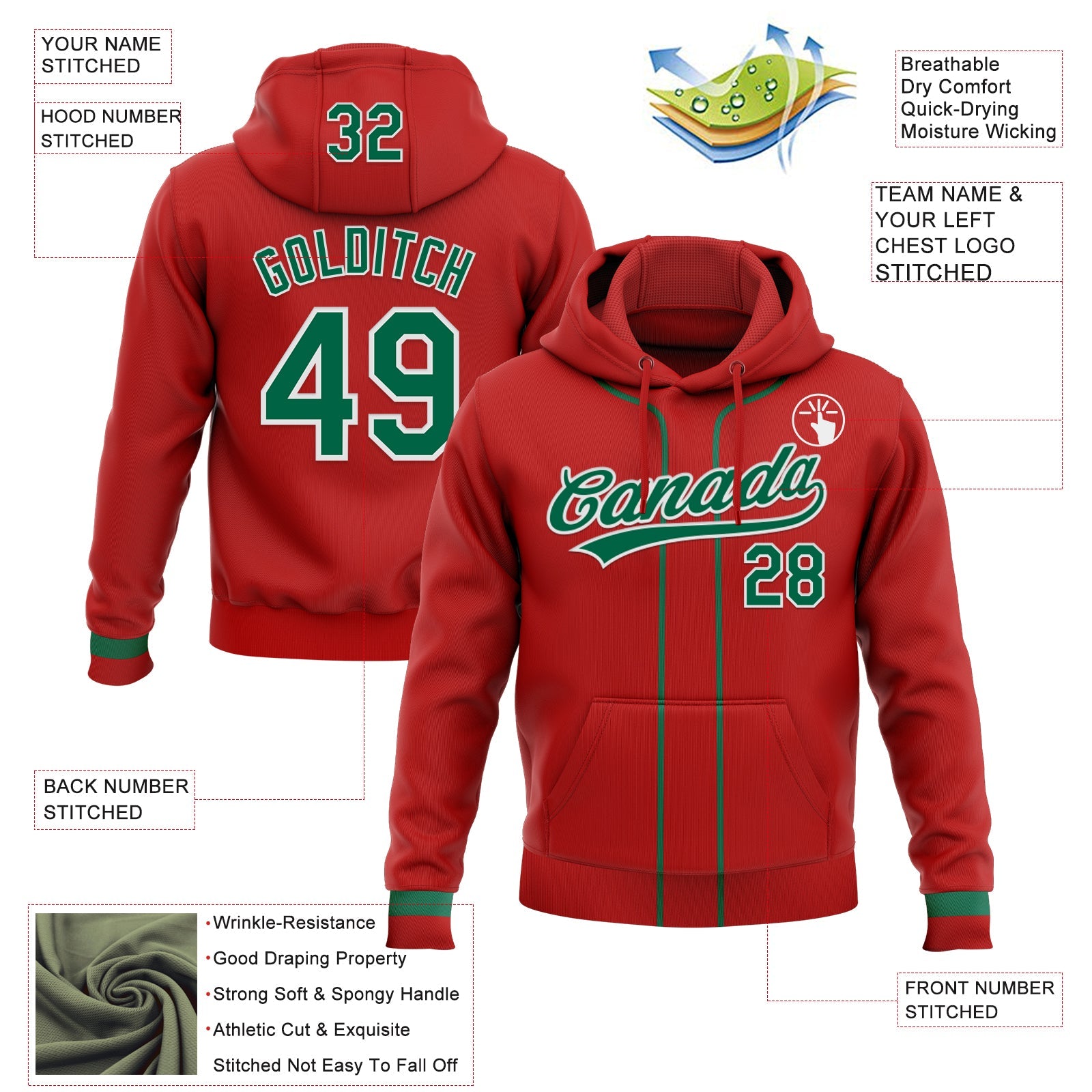 Custom Stitched Red Kelly Green-White Baseball Pullover Sweatshirt Hoodie view 2