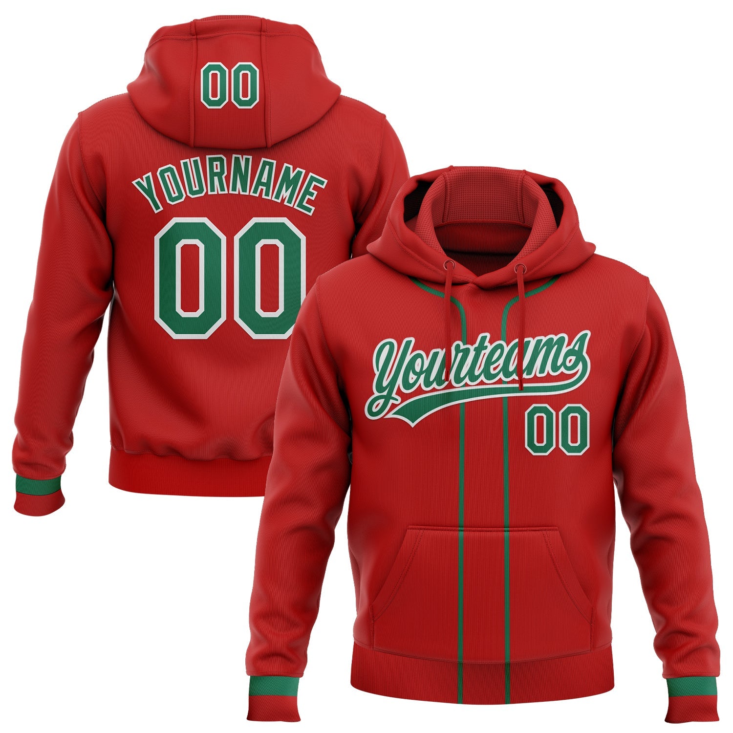 Custom Stitched Red Kelly Green-White Baseball Pullover Sweatshirt Hoodie - Main View