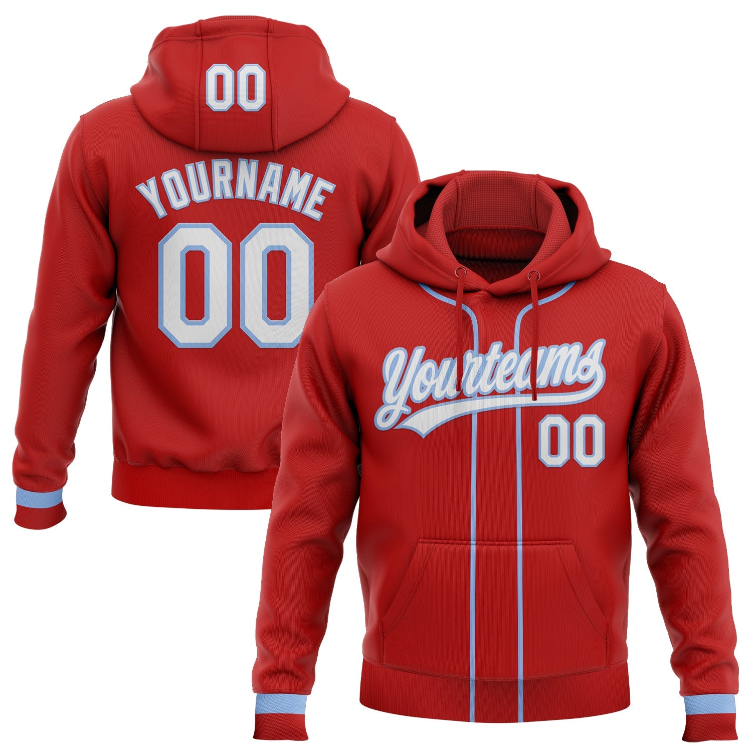 Custom Stitched Red White-Light Blue Baseball Pullover Sweatshirt Hoodie - Main View