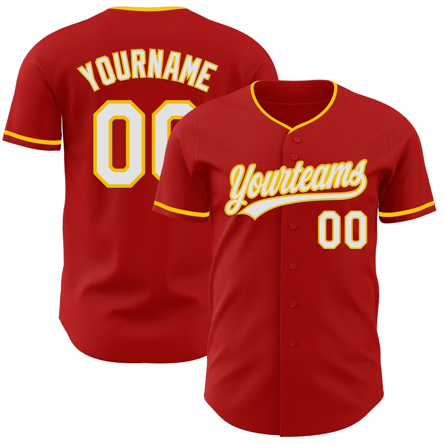 Custom Red White-Yellow Authentic Baseball Jersey - Main View