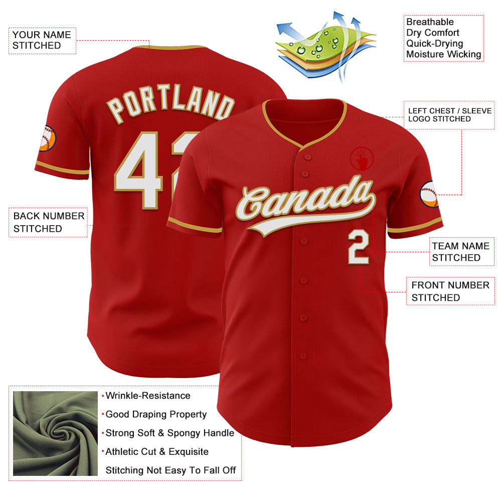 Custom Red White-Old Gold Authentic Baseball Jersey view 3