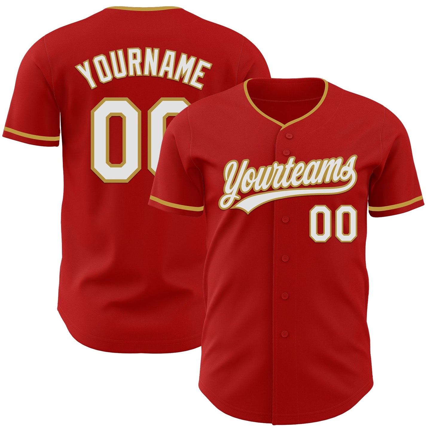 Custom Red White-Old Gold Authentic Baseball Jersey - Main View