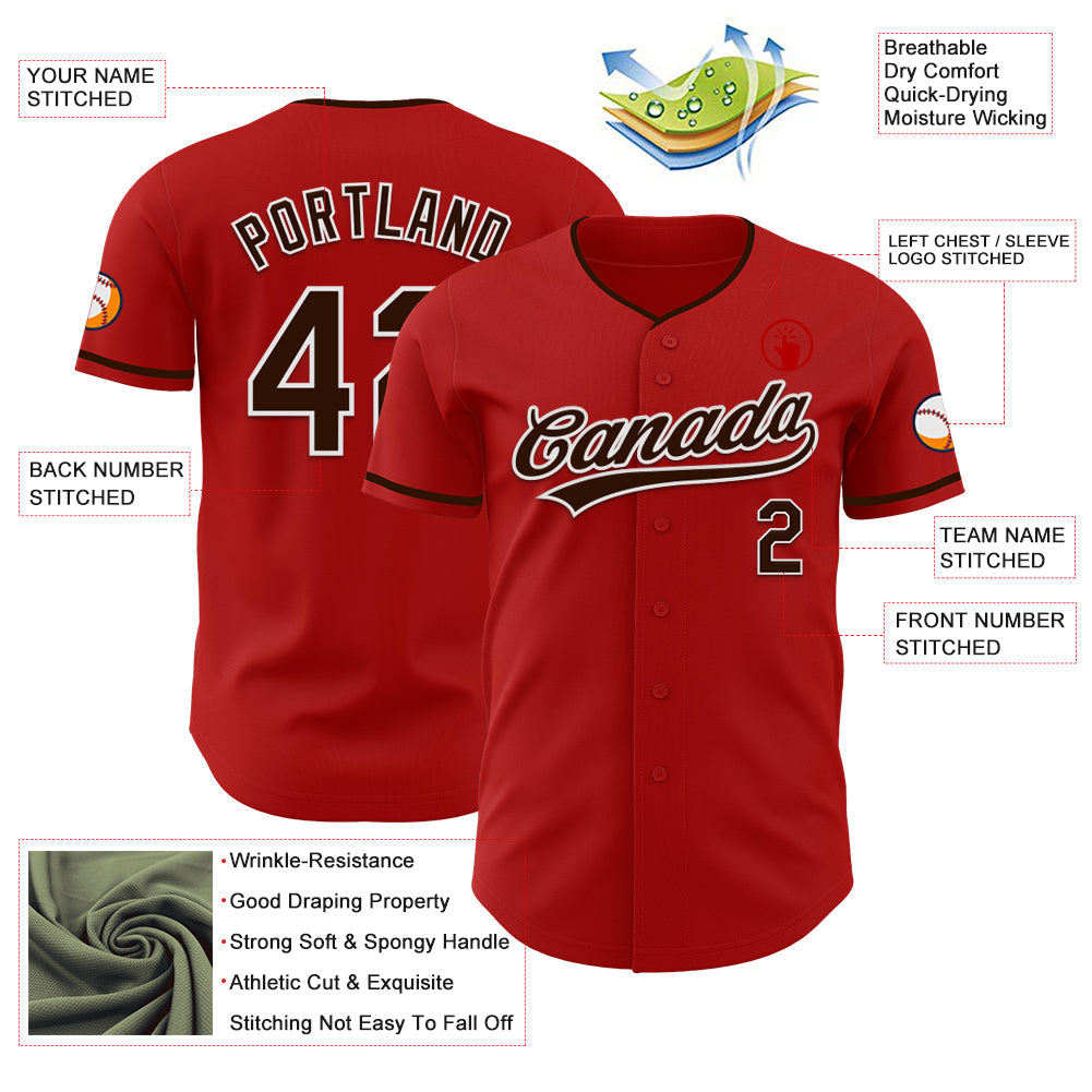 Custom Red Brown-White Authentic Baseball Jersey view 3