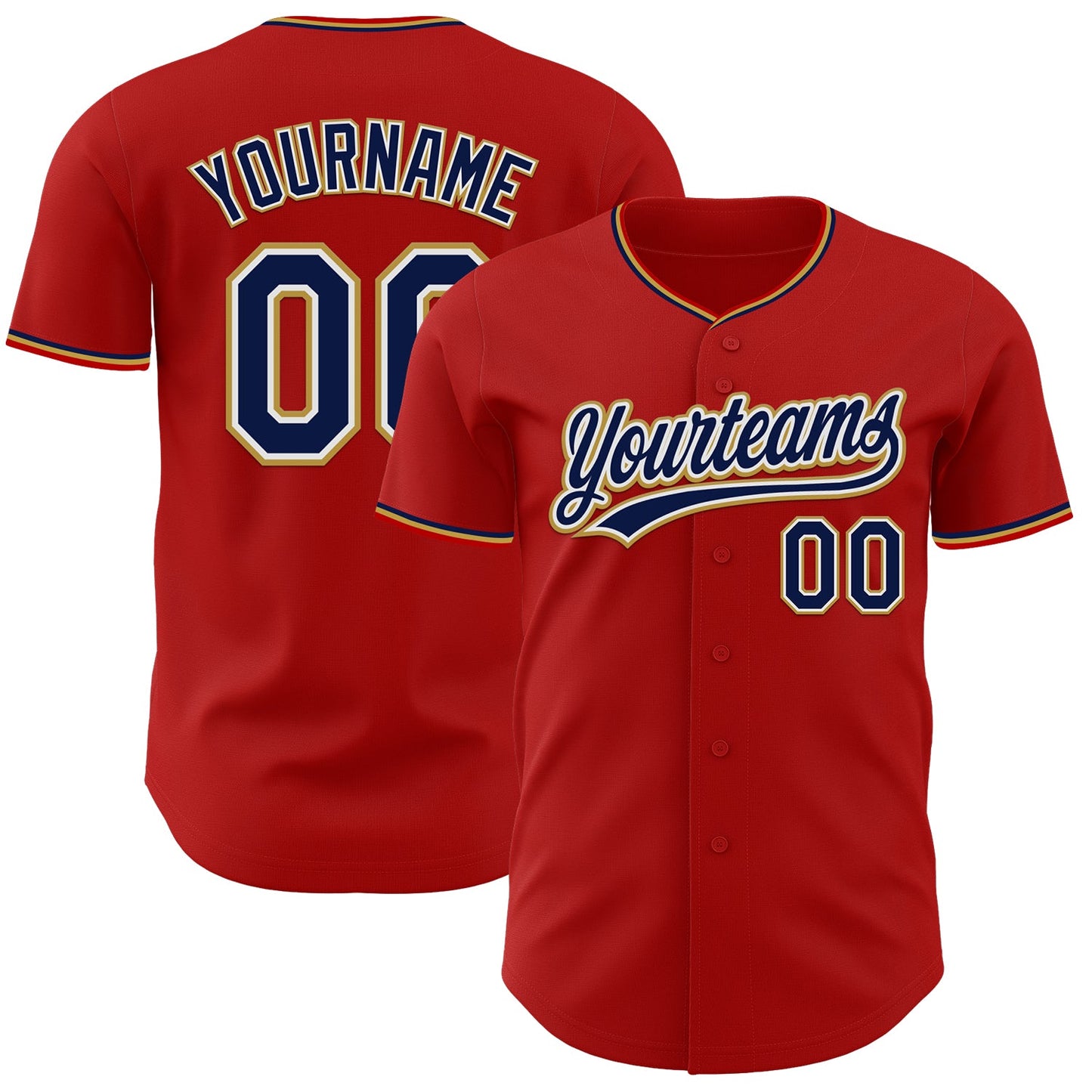 Custom Red Navy White-Old Gold Authentic Baseball Jersey - Main View