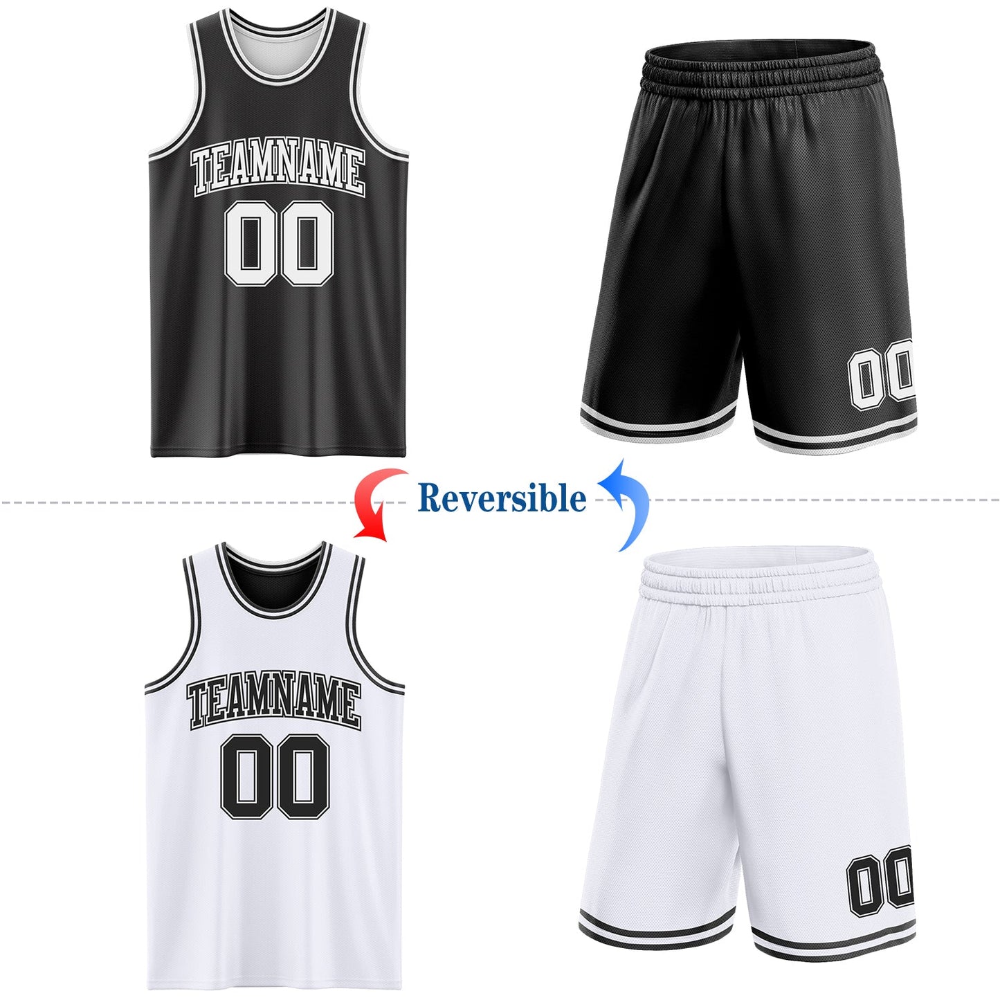 Custom Reversible Black White Double Side Sublimation Basketball Set Jersey view 2