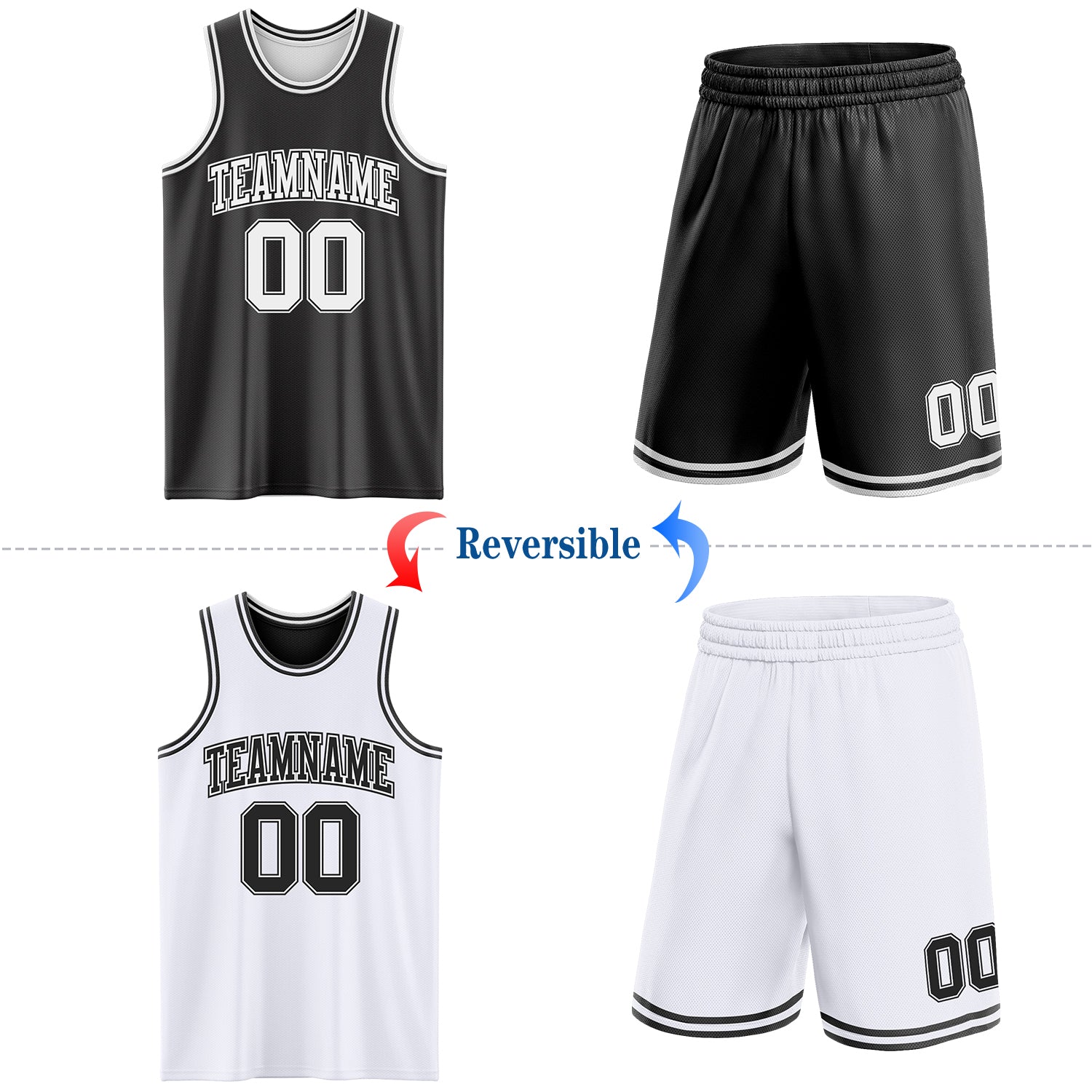Custom Reversible Black White Double Side Sublimation Basketball Set Jersey view 2