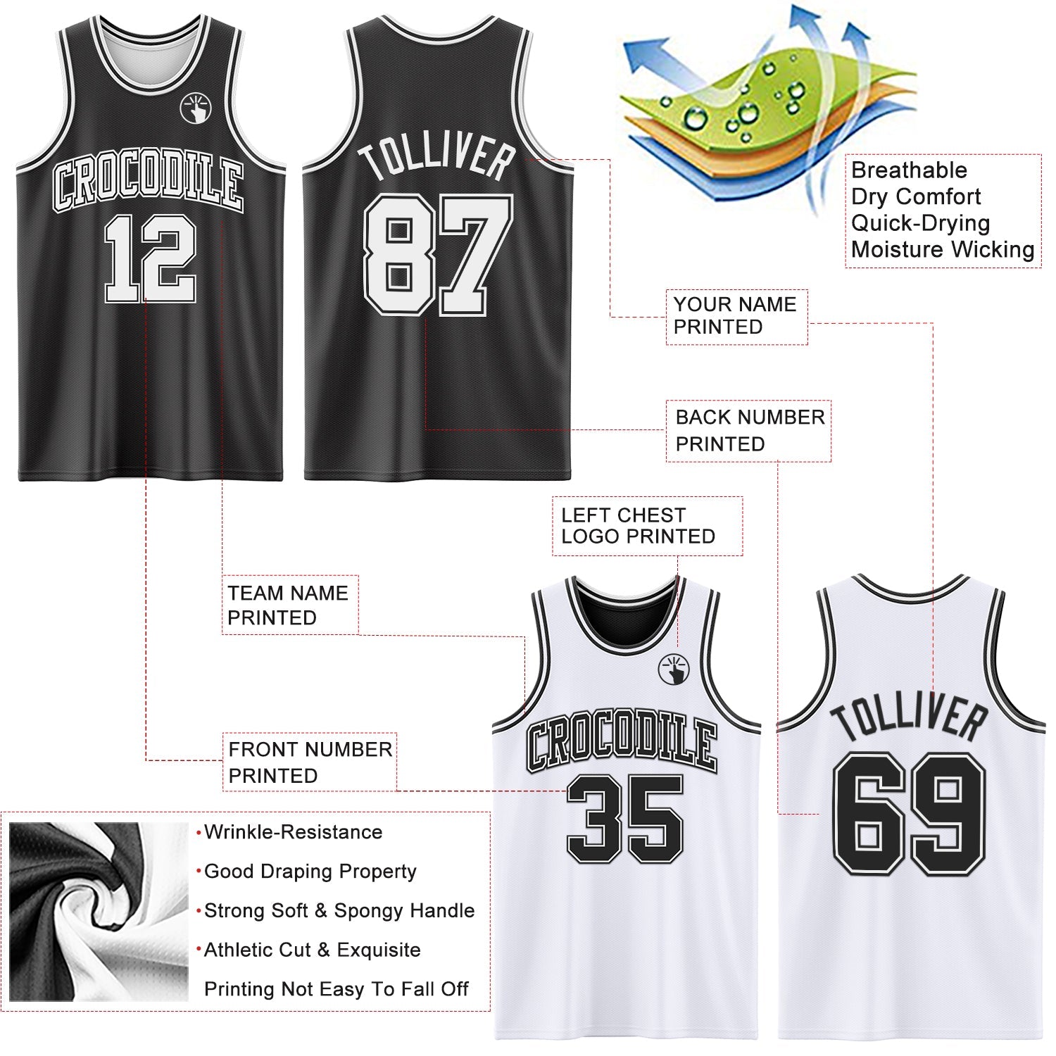 Custom Reversible Black White Double Side Sublimation Basketball Set Jersey view 5