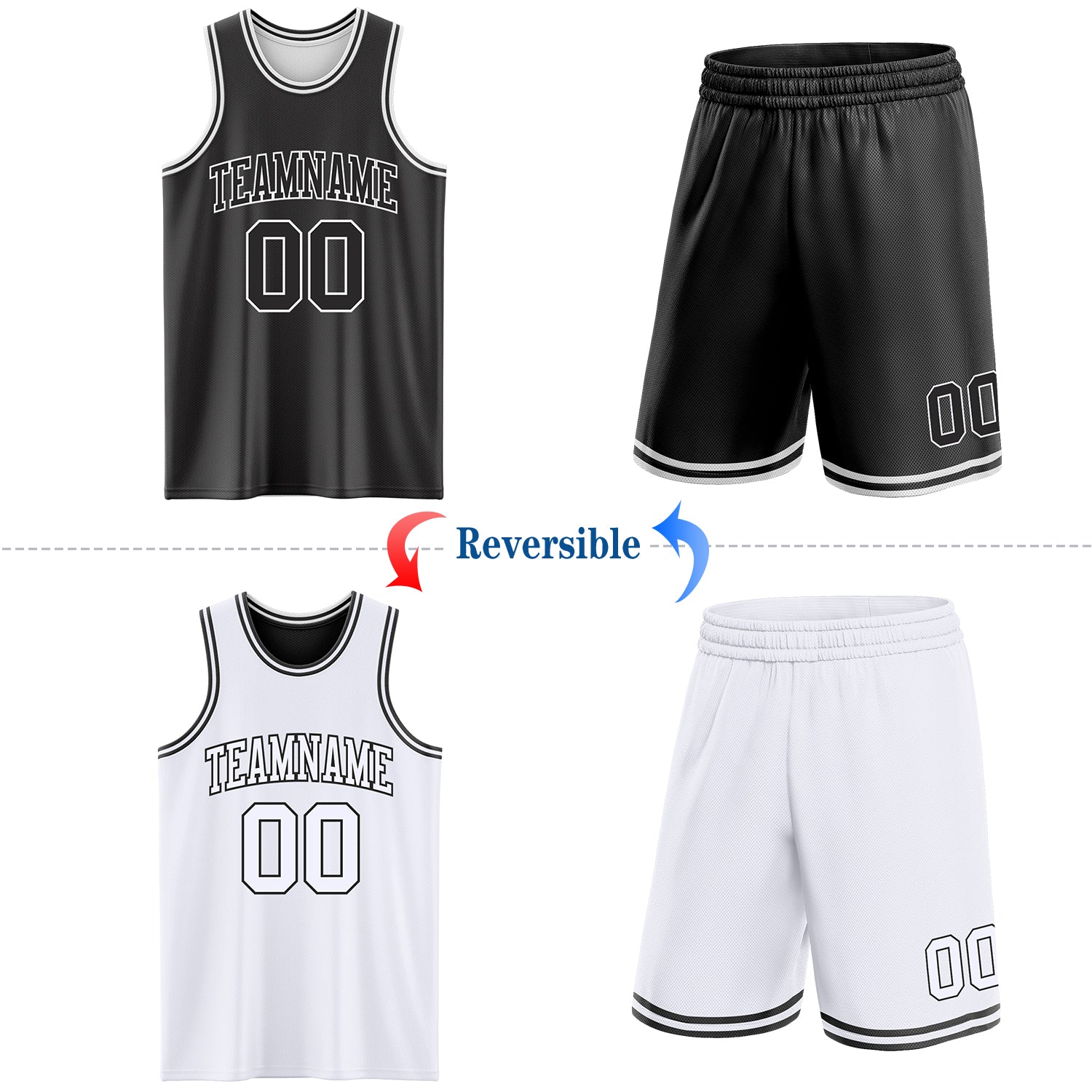 Custom Reversible Black White Double Side Sublimation Basketball Set Jersey view 2
