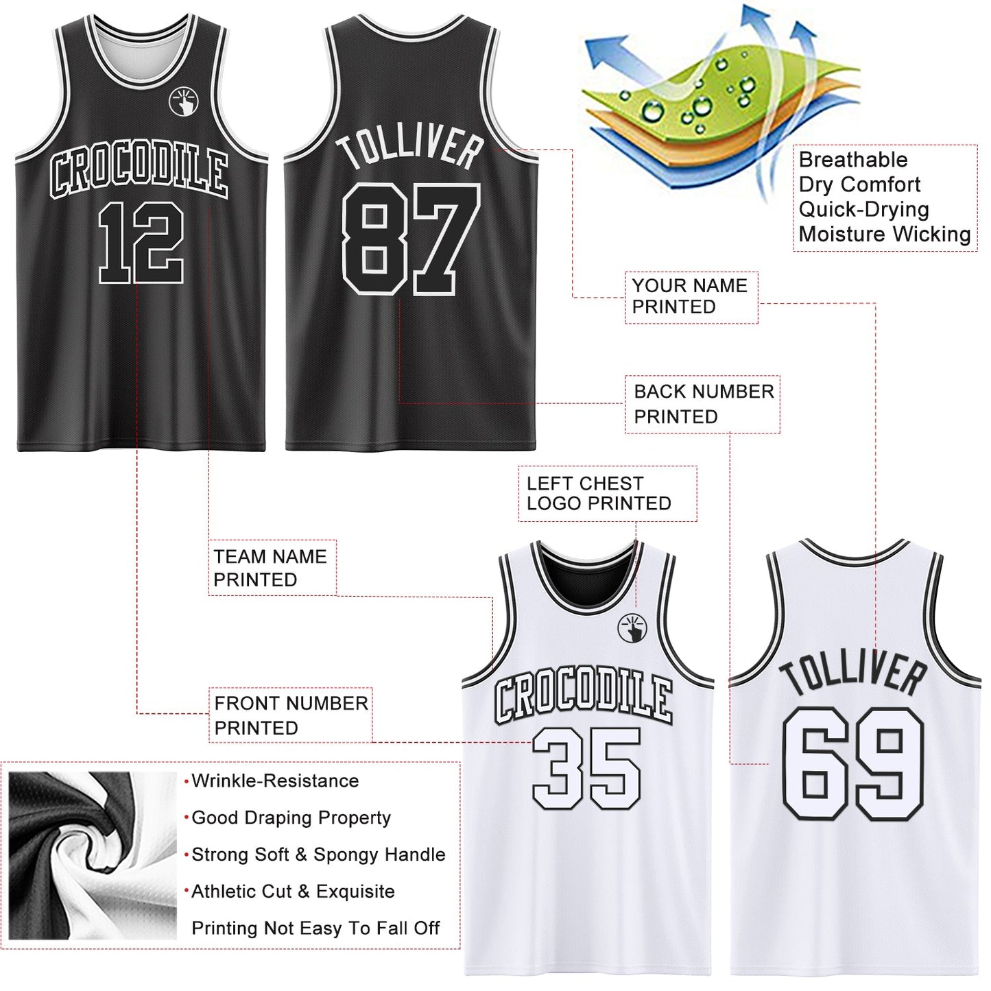 Custom Reversible Black White Double Side Sublimation Basketball Set Jersey view 5