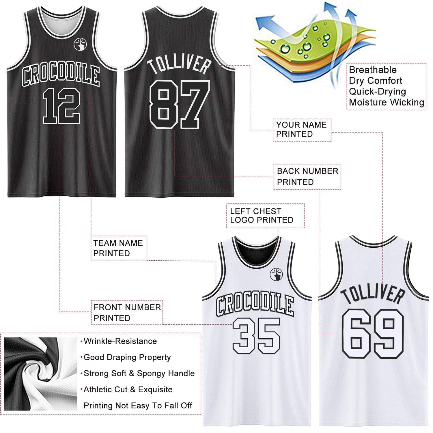 Custom Reversible Black White Double Side Sublimation Basketball Set Jersey view 5
