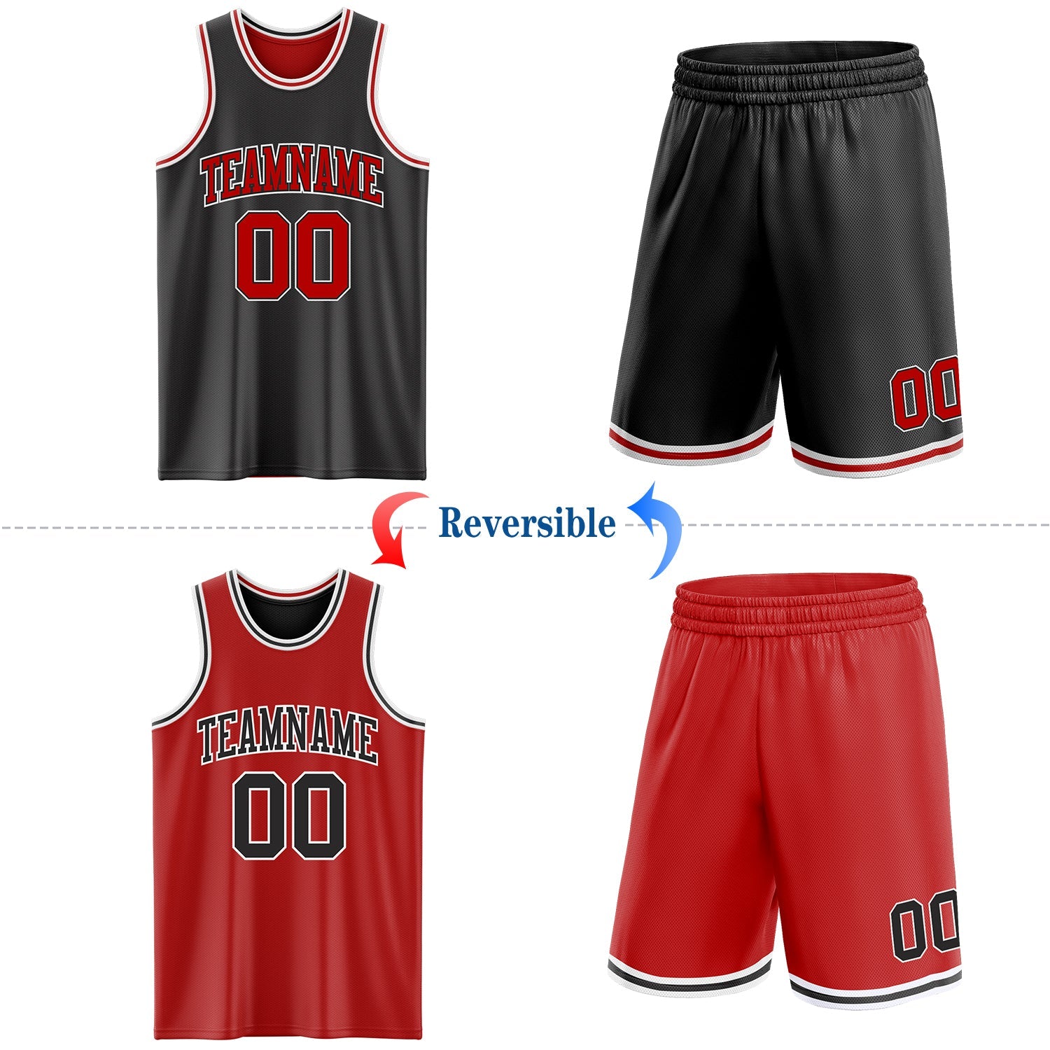 Custom Reversible Black Red-White Double Side Sublimation Basketball Set Jersey view 2