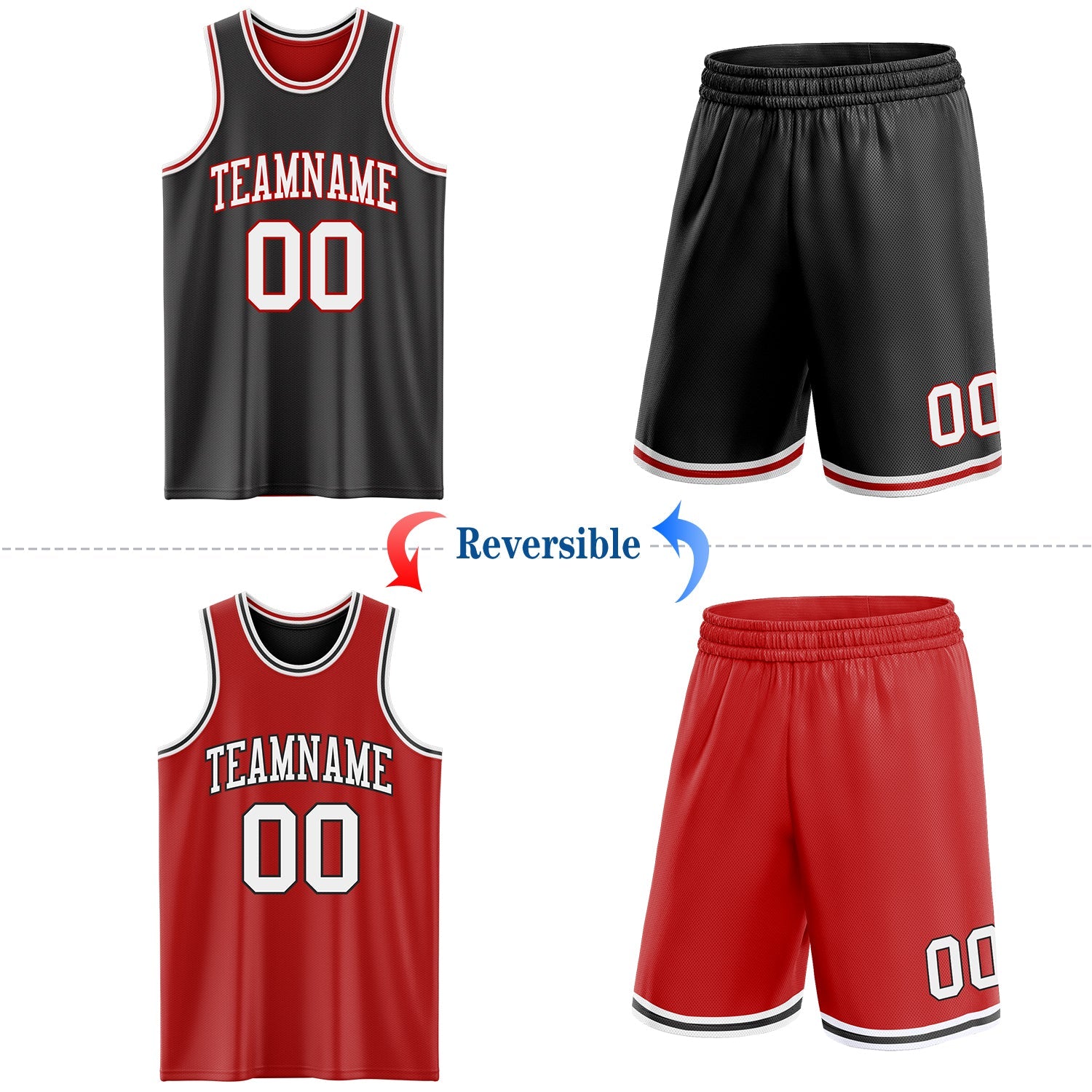 Custom Reversible Black White-Red Double Side Sublimation Basketball Set Jersey view 2