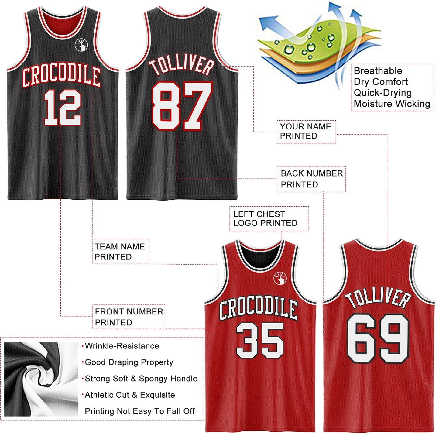 Custom Reversible Black White-Red Double Side Sublimation Basketball Set Jersey view 5