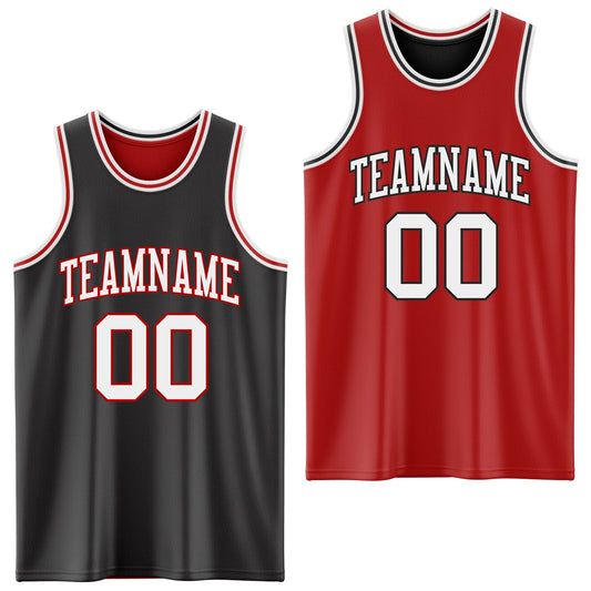 Custom Reversible Black White-Red Double Side Sublimation Basketball Set Jersey - Main View