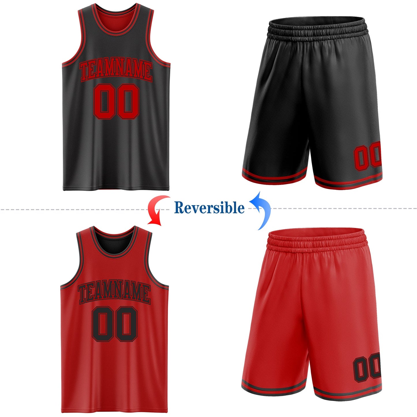 Custom Reversible Black Red Double Side Sublimation Basketball Set Jersey view 2