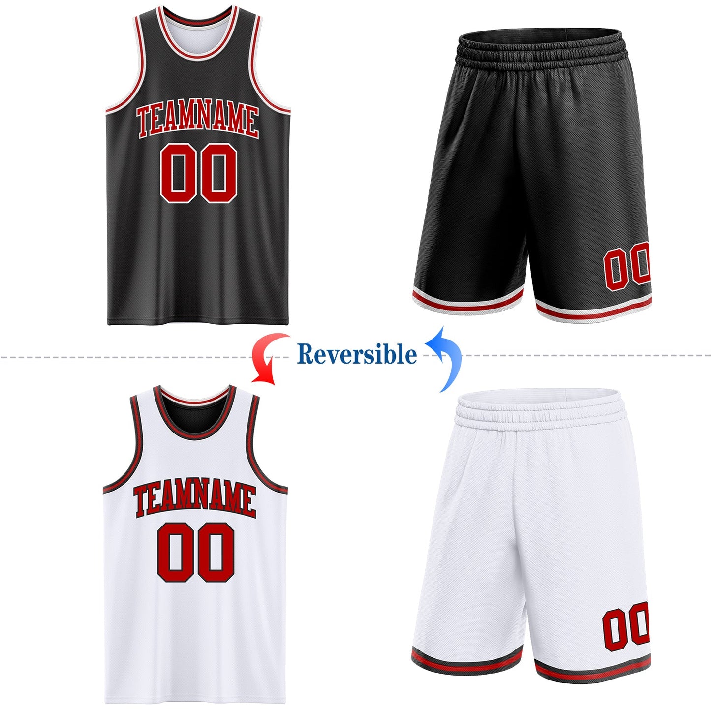 Custom Reversible Black Red-White Double Side Sublimation Basketball Set Jersey view 2