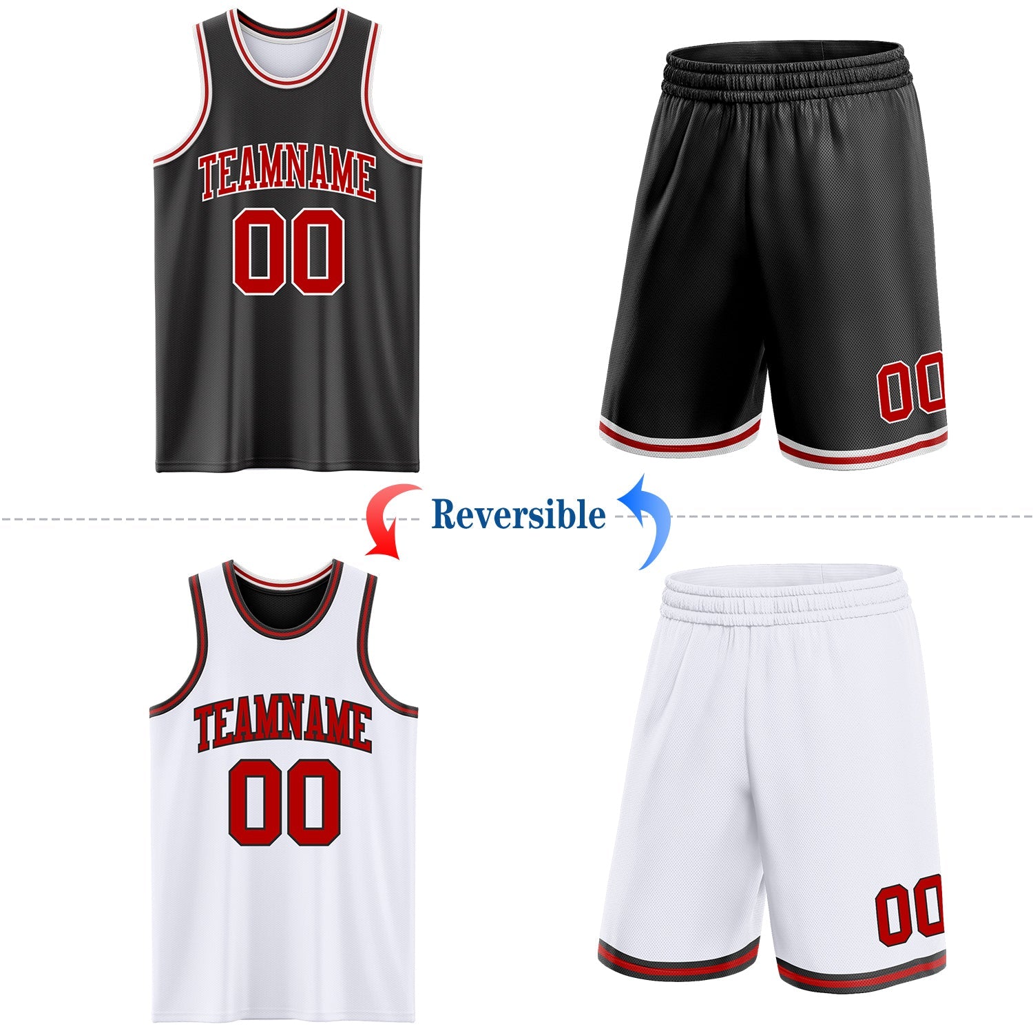 Custom Reversible Black Red-White Double Side Sublimation Basketball Set Jersey view 2