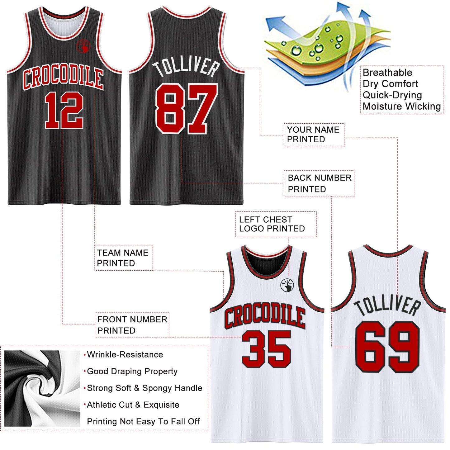 Custom Reversible Black Red-White Double Side Sublimation Basketball Set Jersey view 5