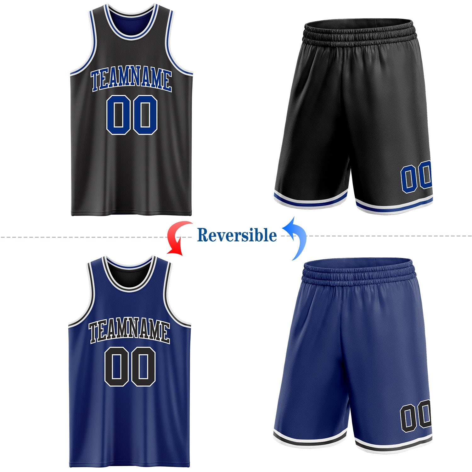 Custom Reversible Black Royal-White Double Side Sublimation Basketball Set Jersey view 2