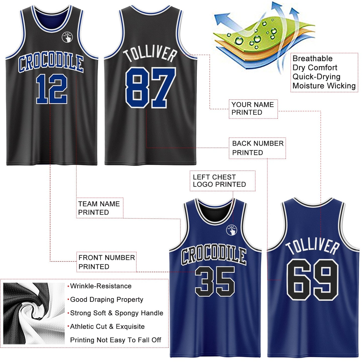 Custom Reversible Black Royal-White Double Side Sublimation Basketball Set Jersey view 5