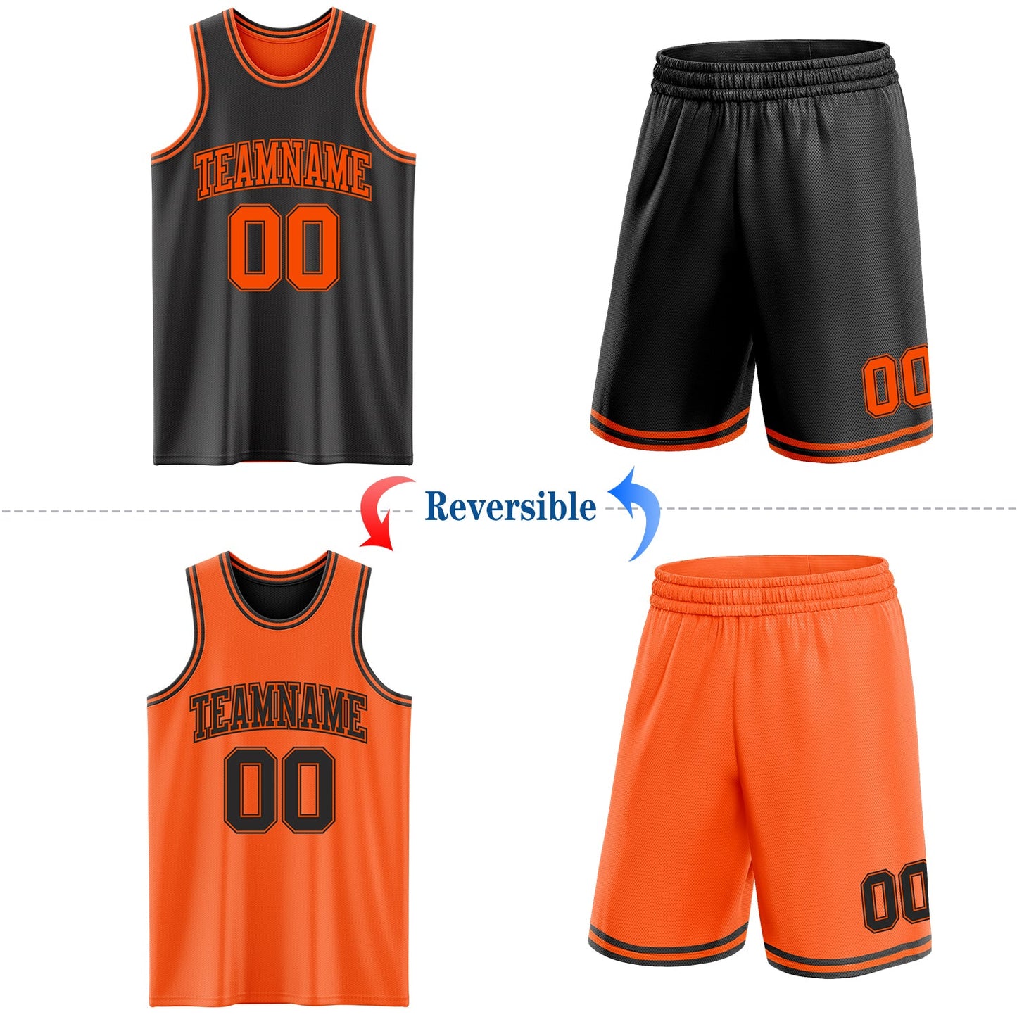Custom Reversible Black Orange Double Side Sublimation Basketball Set Jersey view 2