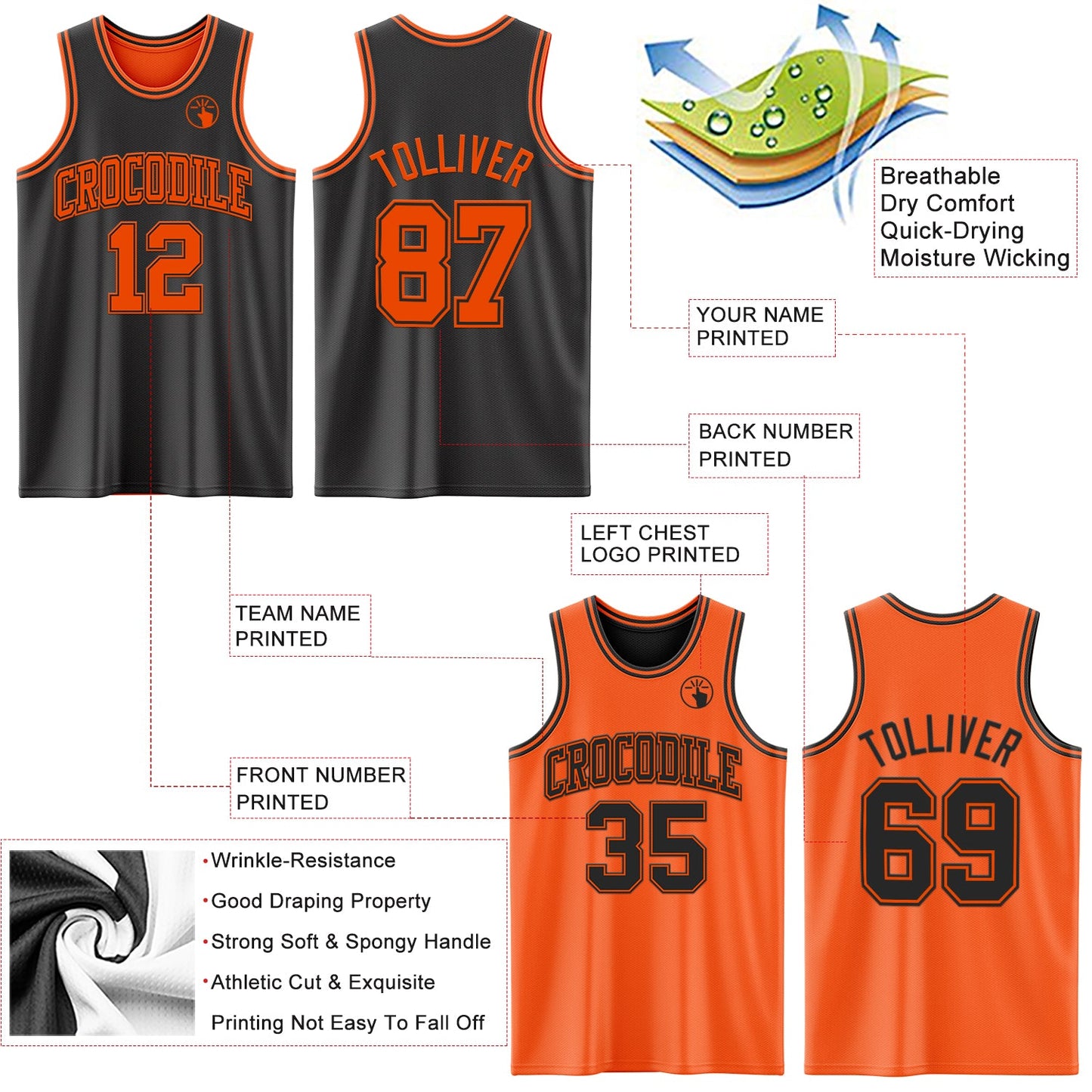 Custom Reversible Black Orange Double Side Sublimation Basketball Set Jersey view 5
