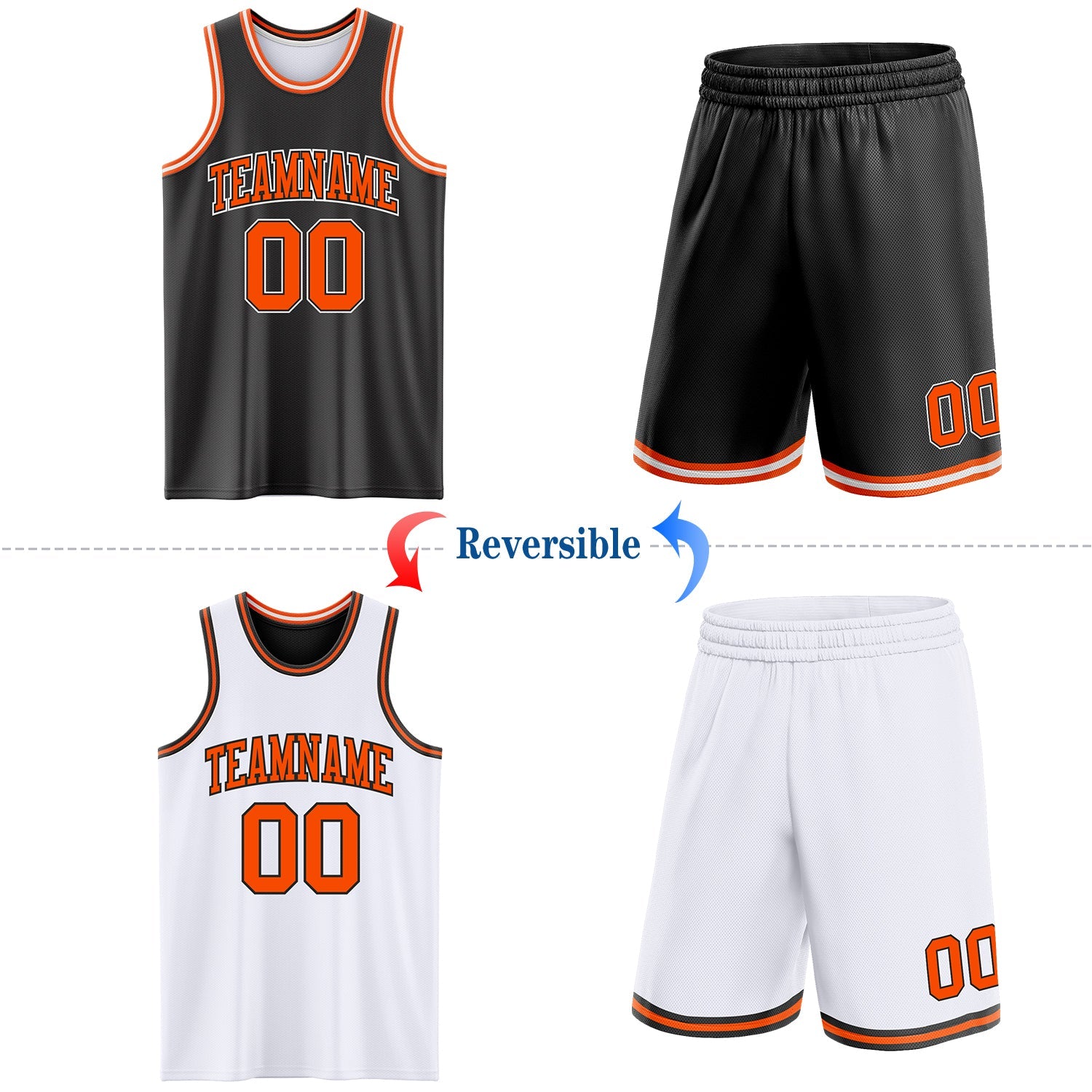 Custom Reversible Black Orange-White Double Side Sublimation Basketball Set Jersey view 2