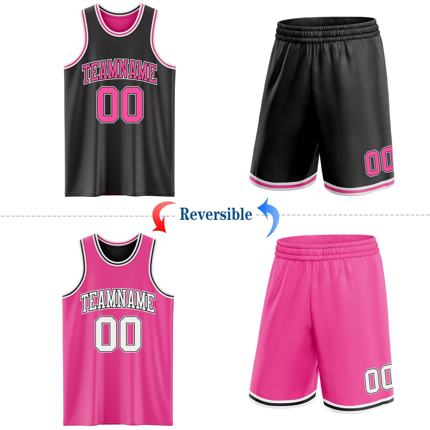 Custom Reversible Black Pink-White Double Side Sublimation Basketball Set Jersey view 2