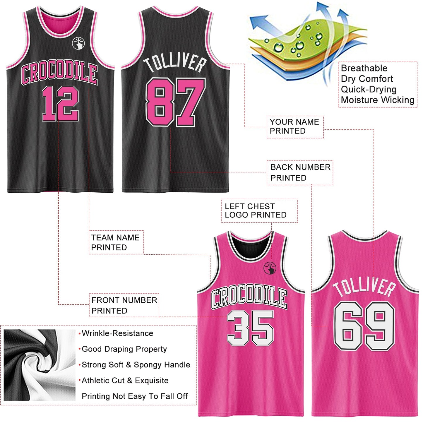 Custom Reversible Black Pink-White Double Side Sublimation Basketball Set Jersey view 5