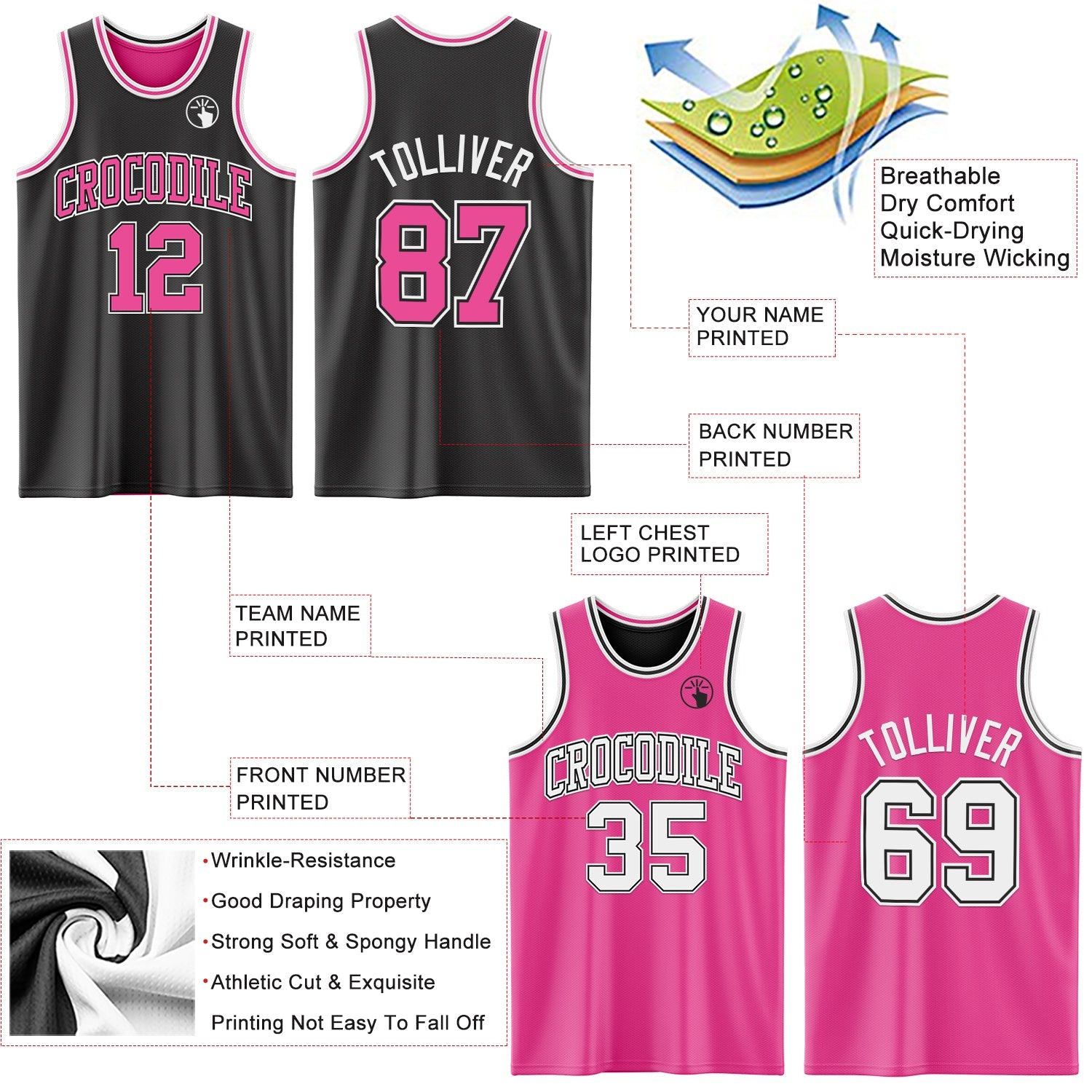 Custom Reversible Black Pink-White Double Side Sublimation Basketball Set Jersey view 5