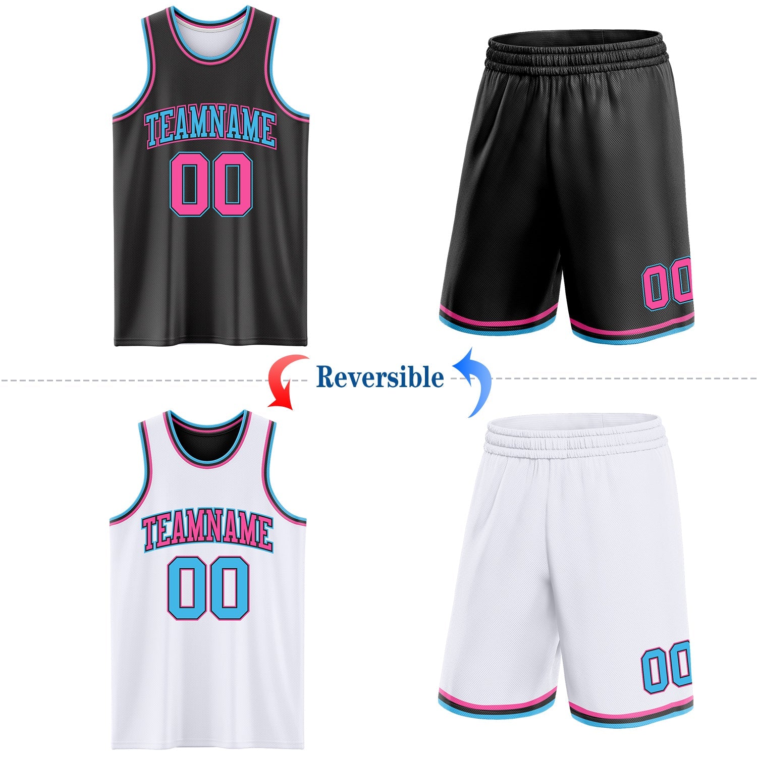 Custom Reversible Black Pink-Sky Blue Double Side Sublimation Basketball Set Jersey view 2