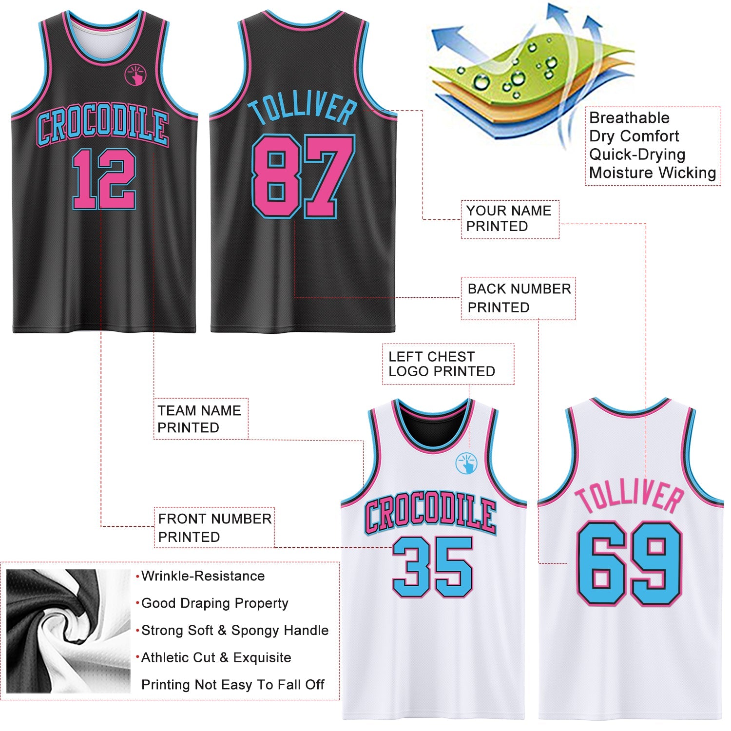 Custom Reversible Black Pink-Sky Blue Double Side Sublimation Basketball Set Jersey view 5