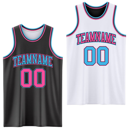 Custom Reversible Black Pink-Sky Blue Double Side Sublimation Basketball Set Jersey - Main View