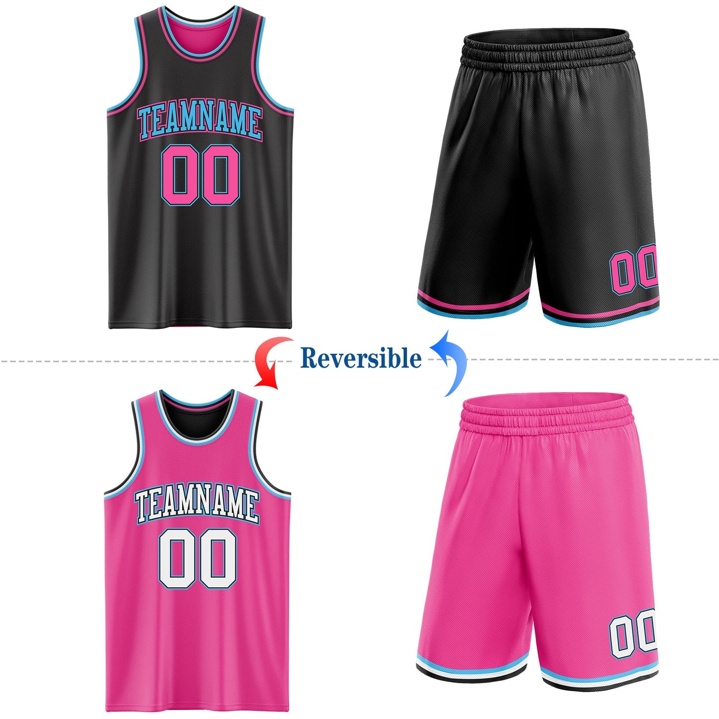 Custom Reversible Black Pink-Sky Blue Double Side Sublimation Basketball Set Jersey view 2