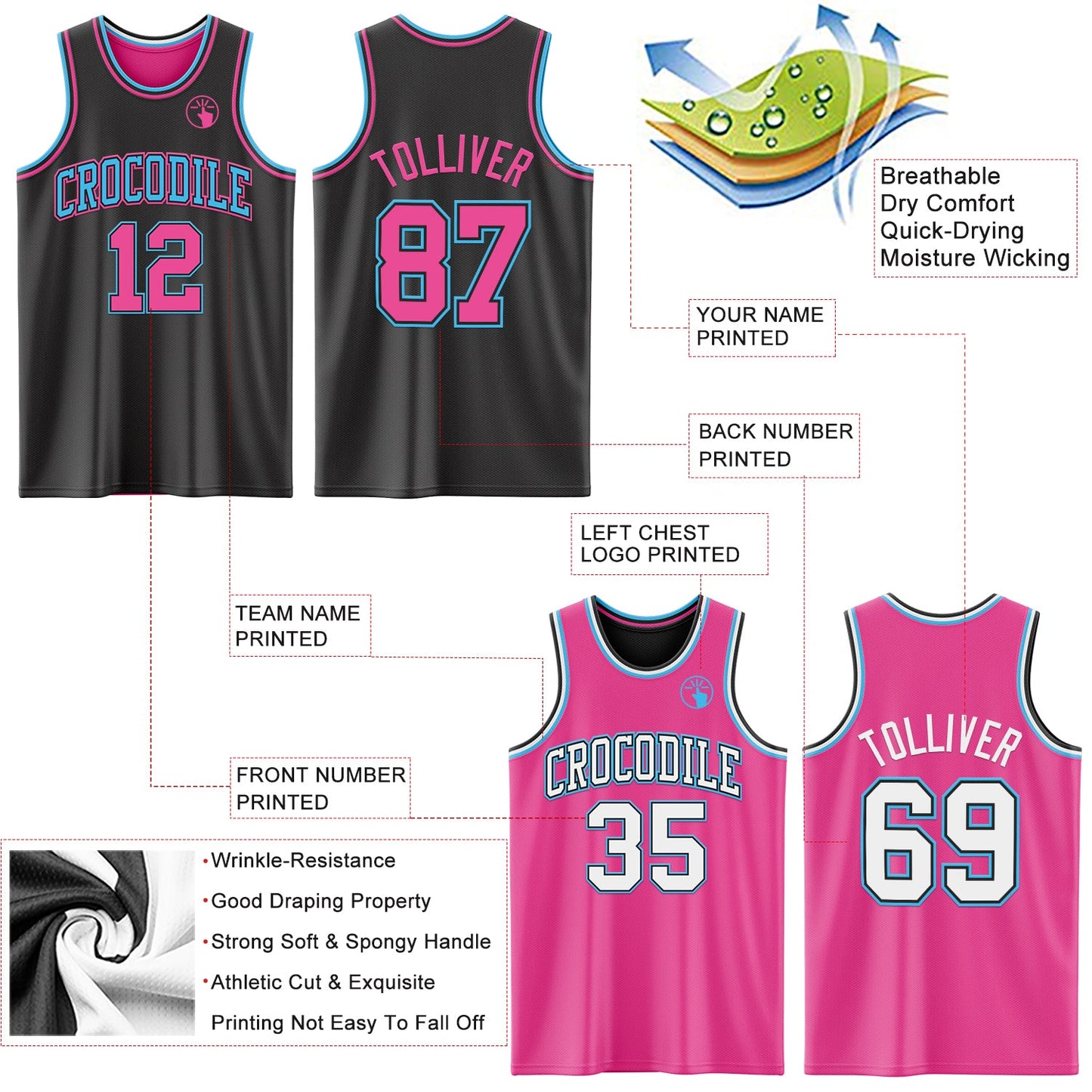 Custom Reversible Black Pink-Sky Blue Double Side Sublimation Basketball Set Jersey view 5