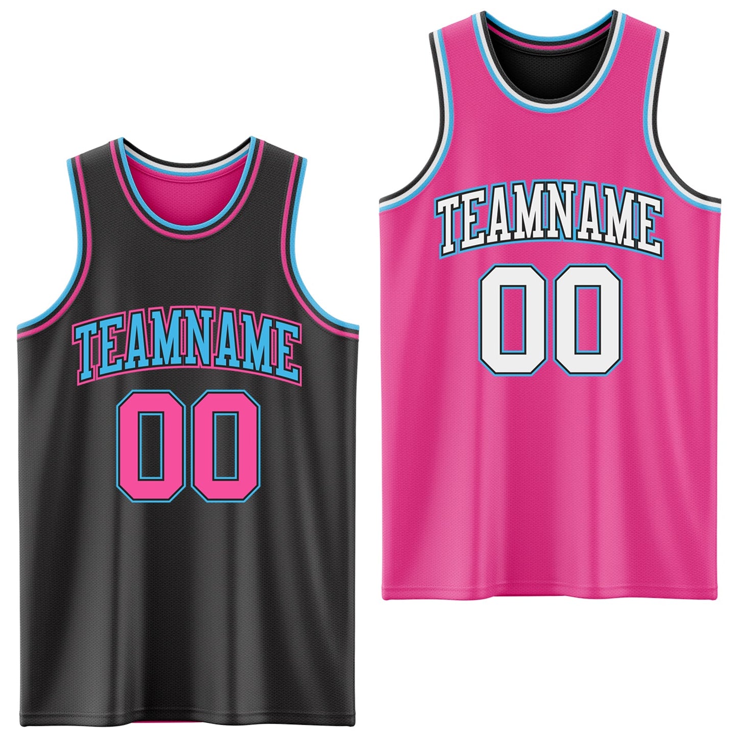 Custom Reversible Black Pink-Sky Blue Double Side Sublimation Basketball Set Jersey - Main View